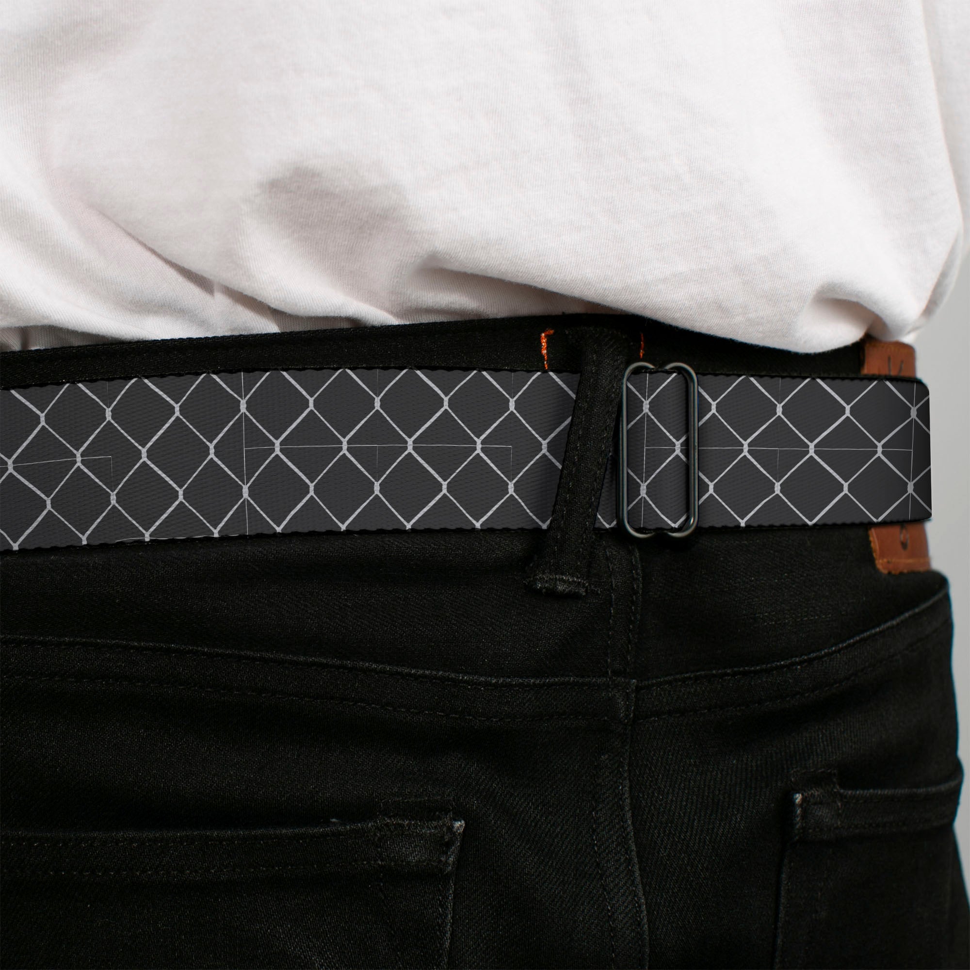 BD Wings Logo CLOSE-UP Full Color Black Silver Seatbelt Belt - Fishnet Stocking Black/White Webbing Seatbelt Belts Buckle-Down