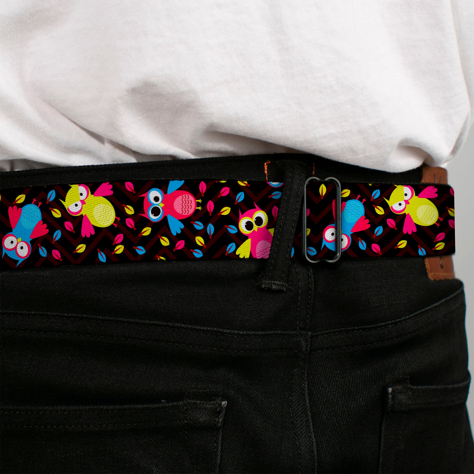 BD Wings Logo CLOSE-UP Full Color Black Silver Seatbelt Belt - Flying Owls w/Leaves Black/Multi Color Webbing Seatbelt Belts Buckle-Down