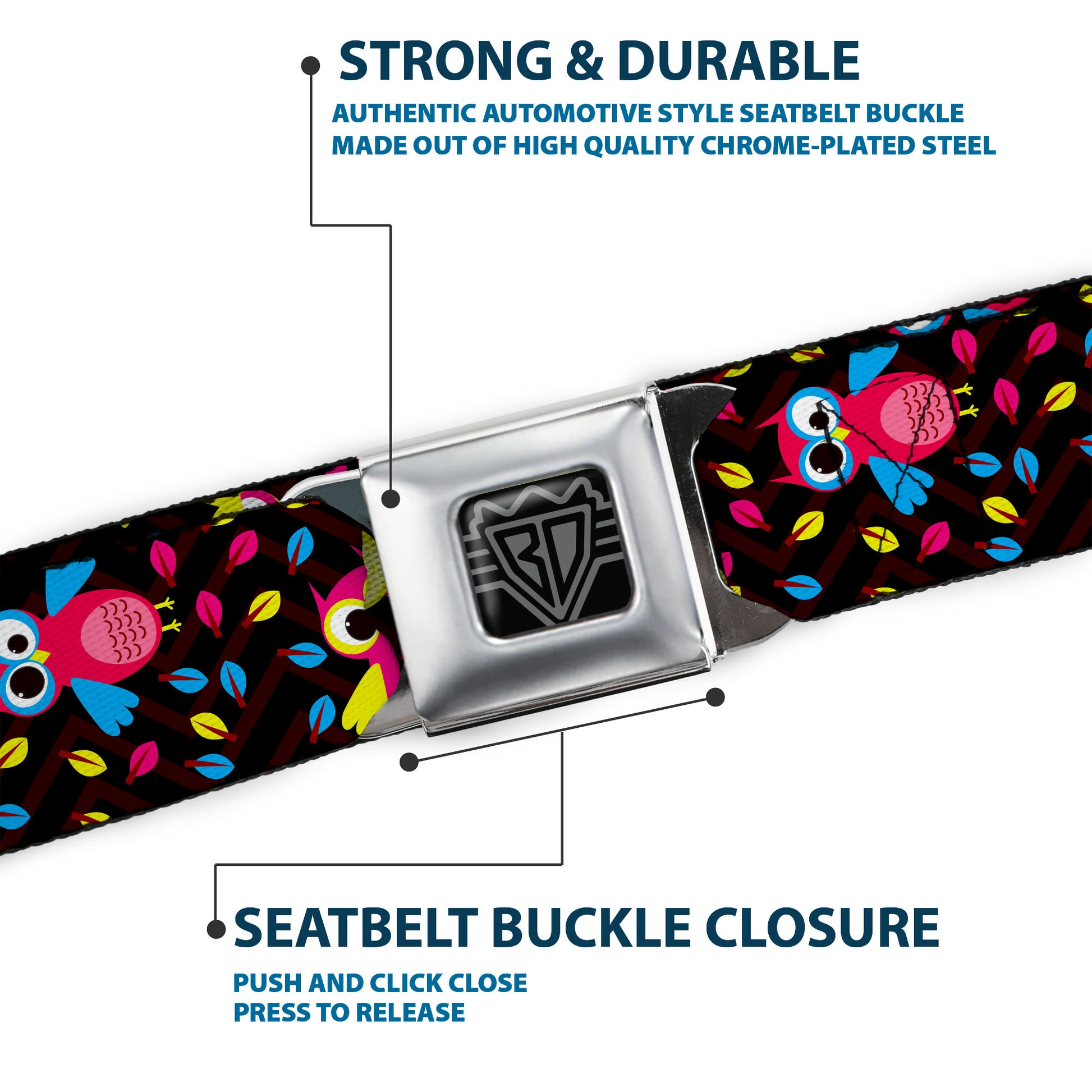 BD Wings Logo CLOSE-UP Full Color Black Silver Seatbelt Belt - Flying Owls w/Leaves Black/Multi Color Webbing Seatbelt Belts Buckle-Down