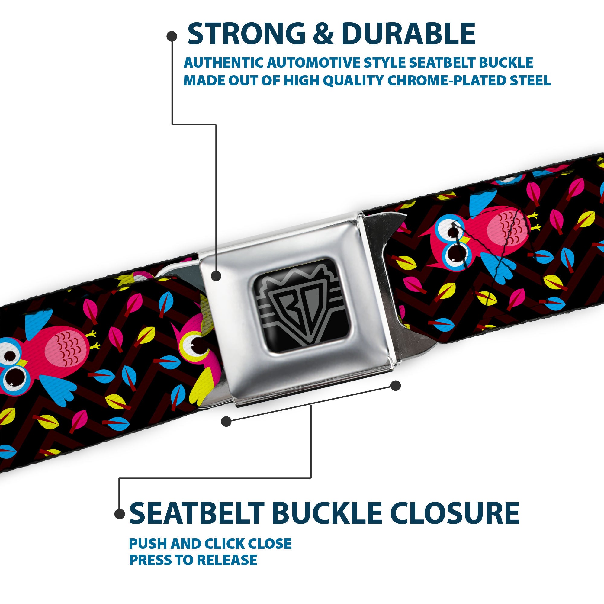 BD Wings Logo CLOSE-UP Full Color Black Silver Seatbelt Belt - Flying Owls w/Leaves Black/Multi Color Webbing Seatbelt Belts Buckle-Down