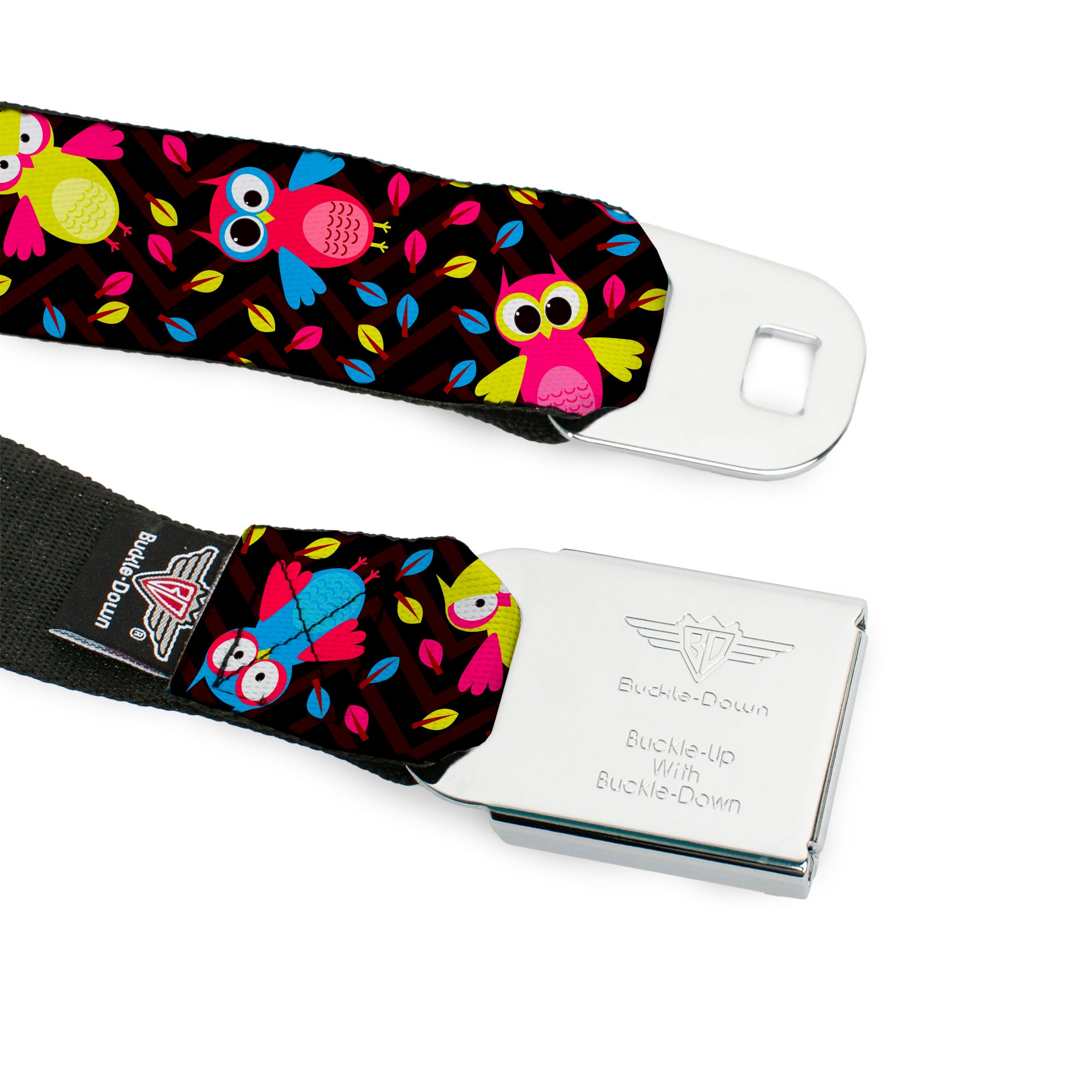 BD Wings Logo CLOSE-UP Full Color Black Silver Seatbelt Belt - Flying Owls w/Leaves Black/Multi Color Webbing Seatbelt Belts Buckle-Down
