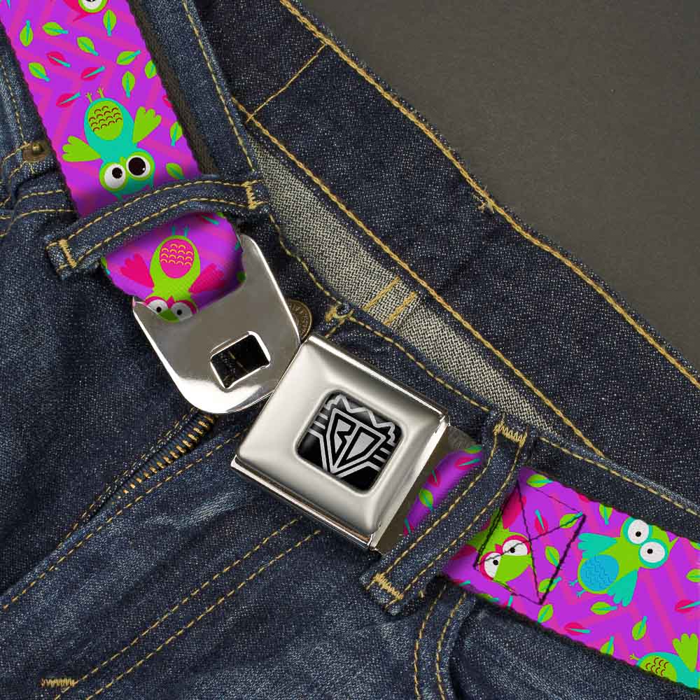 BD Wings Logo CLOSE-UP Full Color Black Silver Seatbelt Belt - Flying Owls w/Leaves Purple/Multi Color Webbing Seatbelt Belts Buckle-Down