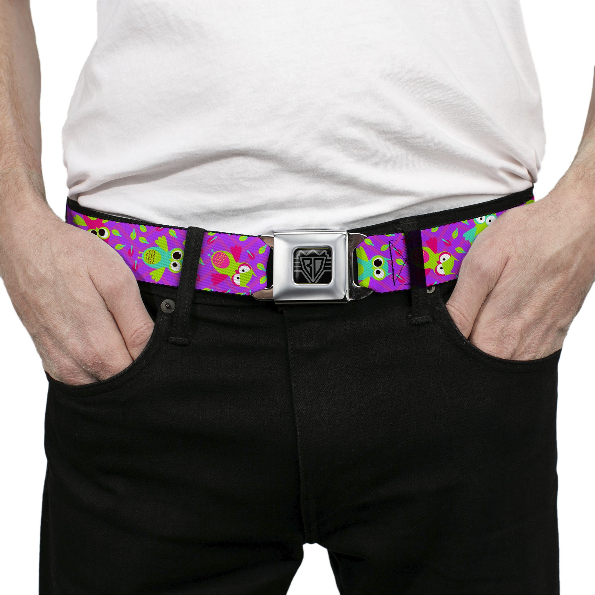 BD Wings Logo CLOSE-UP Full Color Black Silver Seatbelt Belt - Flying Owls w/Leaves Purple/Multi Color Webbing Seatbelt Belts Buckle-Down
