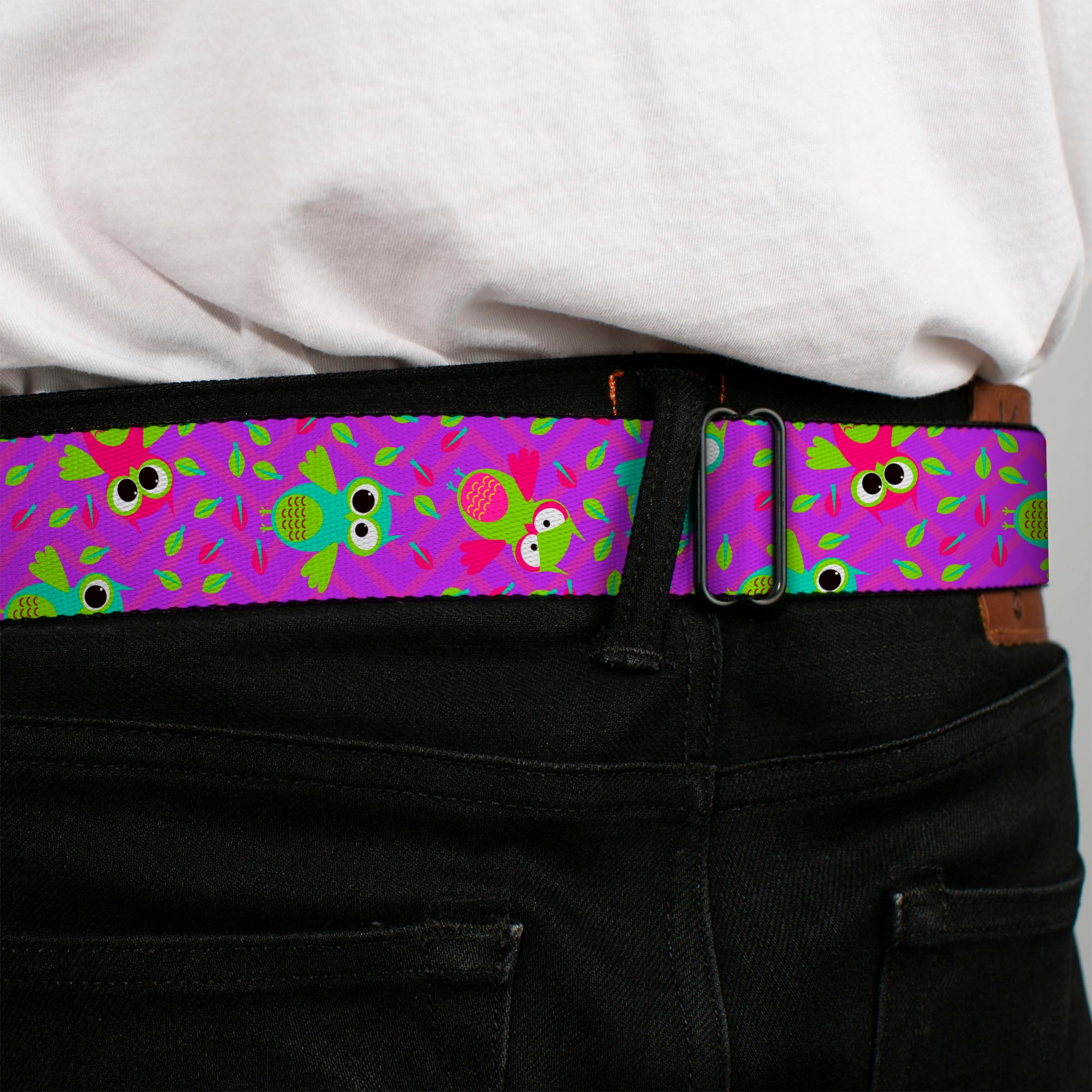 BD Wings Logo CLOSE-UP Full Color Black Silver Seatbelt Belt - Flying Owls w/Leaves Purple/Multi Color Webbing Seatbelt Belts Buckle-Down