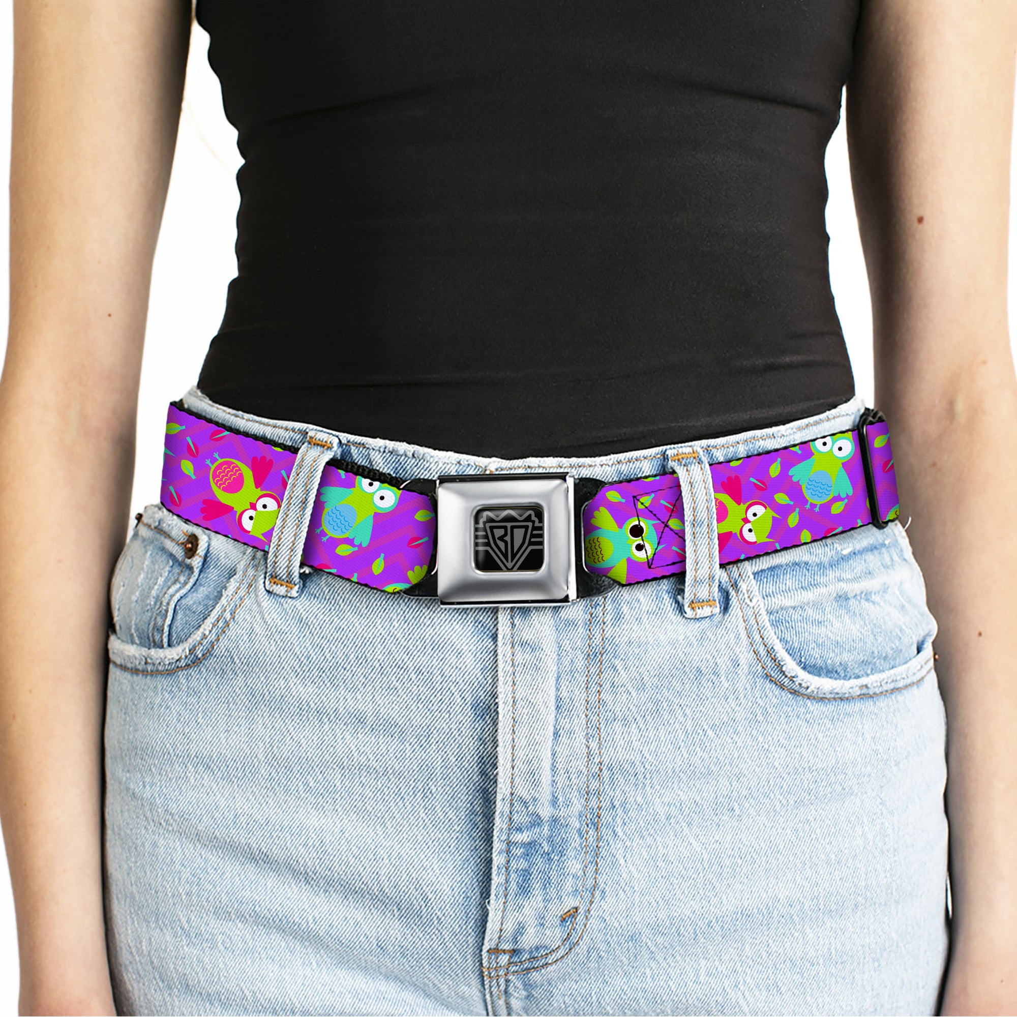 BD Wings Logo CLOSE-UP Full Color Black Silver Seatbelt Belt - Flying Owls w/Leaves Purple/Multi Color Webbing Seatbelt Belts Buckle-Down