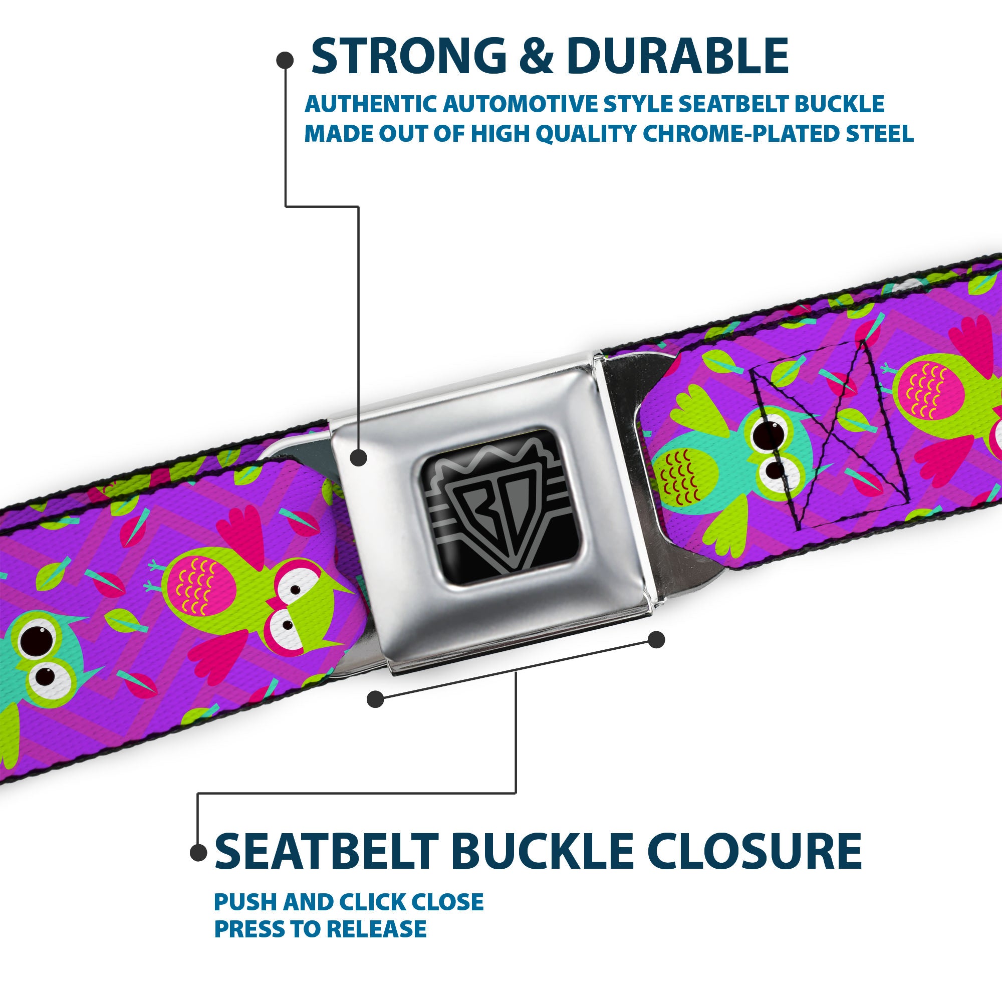 BD Wings Logo CLOSE-UP Full Color Black Silver Seatbelt Belt - Flying Owls w/Leaves Purple/Multi Color Webbing Seatbelt Belts Buckle-Down