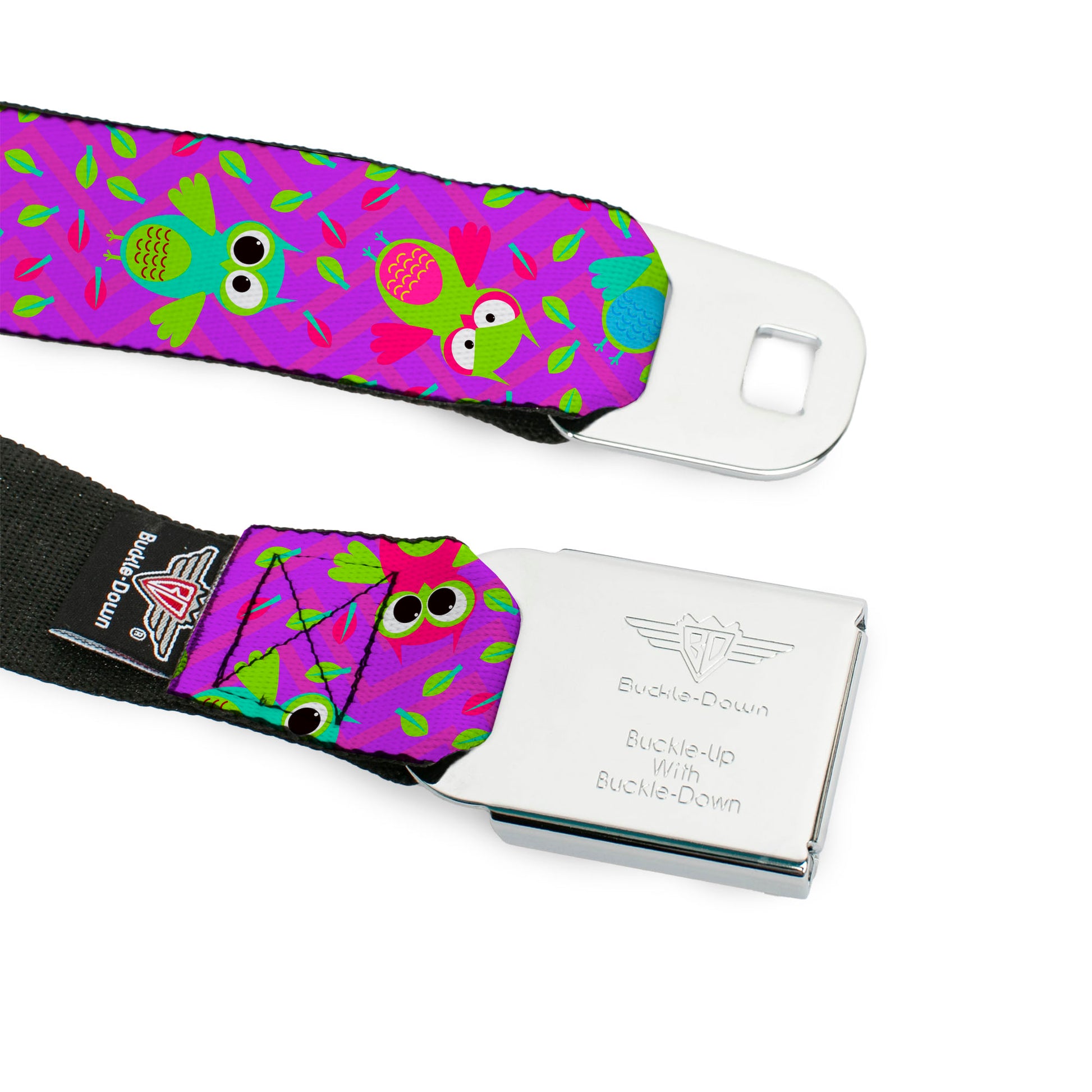 BD Wings Logo CLOSE-UP Full Color Black Silver Seatbelt Belt - Flying Owls w/Leaves Purple/Multi Color Webbing Seatbelt Belts Buckle-Down