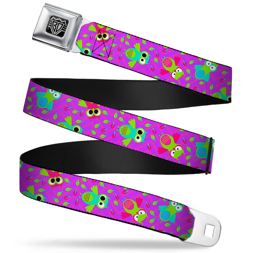BD Wings Logo CLOSE-UP Full Color Black Silver Seatbelt Belt - Flying Owls w/Leaves Purple/Multi Color Webbing Seatbelt Belts Buckle-Down