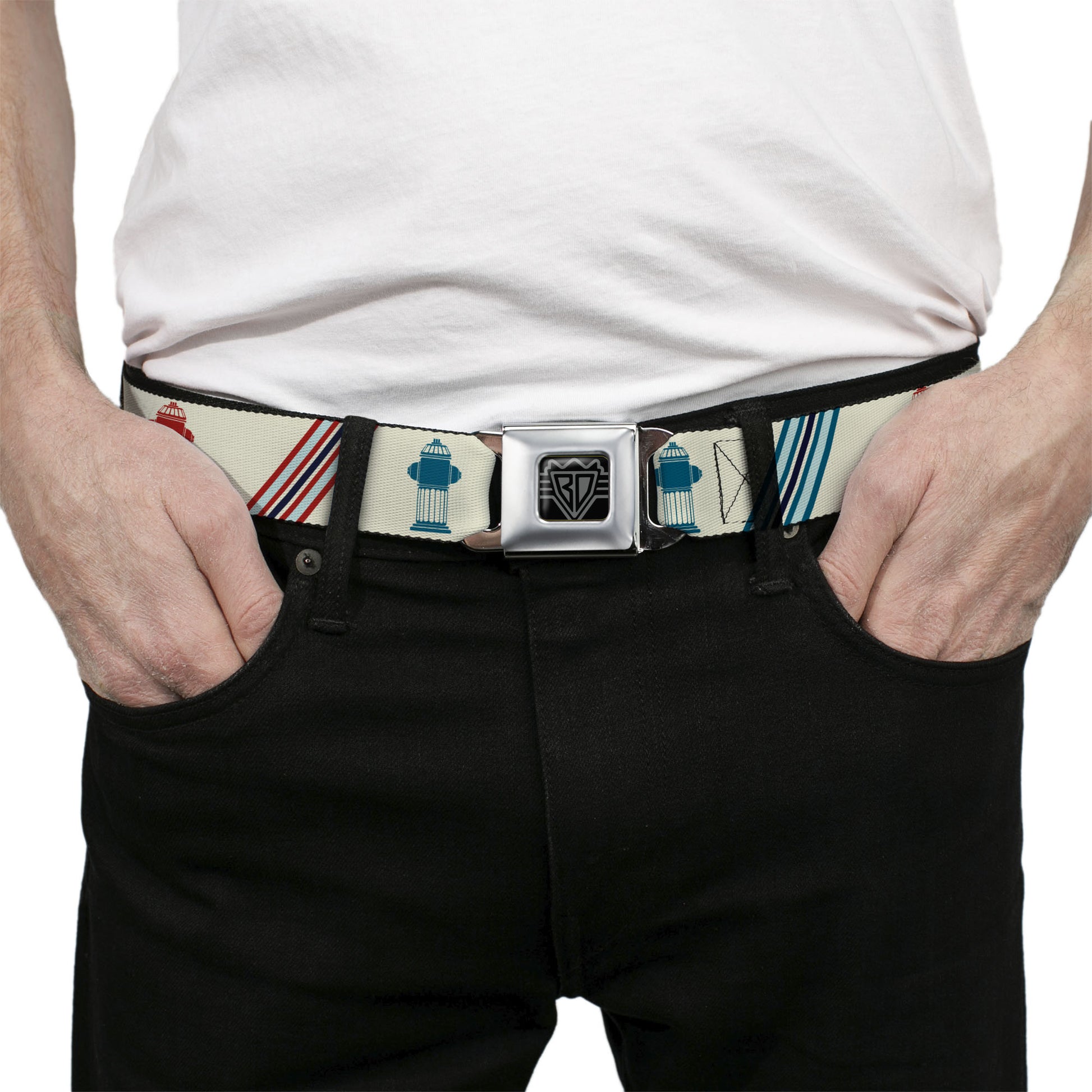 BD Wings Logo CLOSE-UP Full Color Black Silver Seatbelt Belt - Fire Hydrants/Stripes Tan/Blues/Reds Webbing Seatbelt Belts Buckle-Down