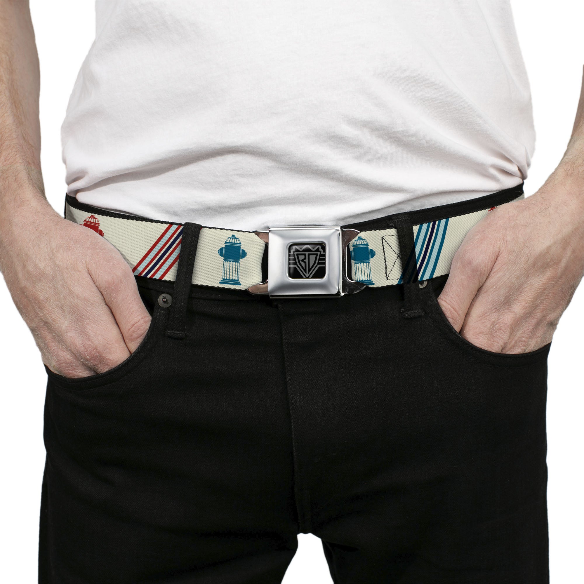 BD Wings Logo CLOSE-UP Full Color Black Silver Seatbelt Belt - Fire Hydrants/Stripes Tan/Blues/Reds Webbing Seatbelt Belts Buckle-Down