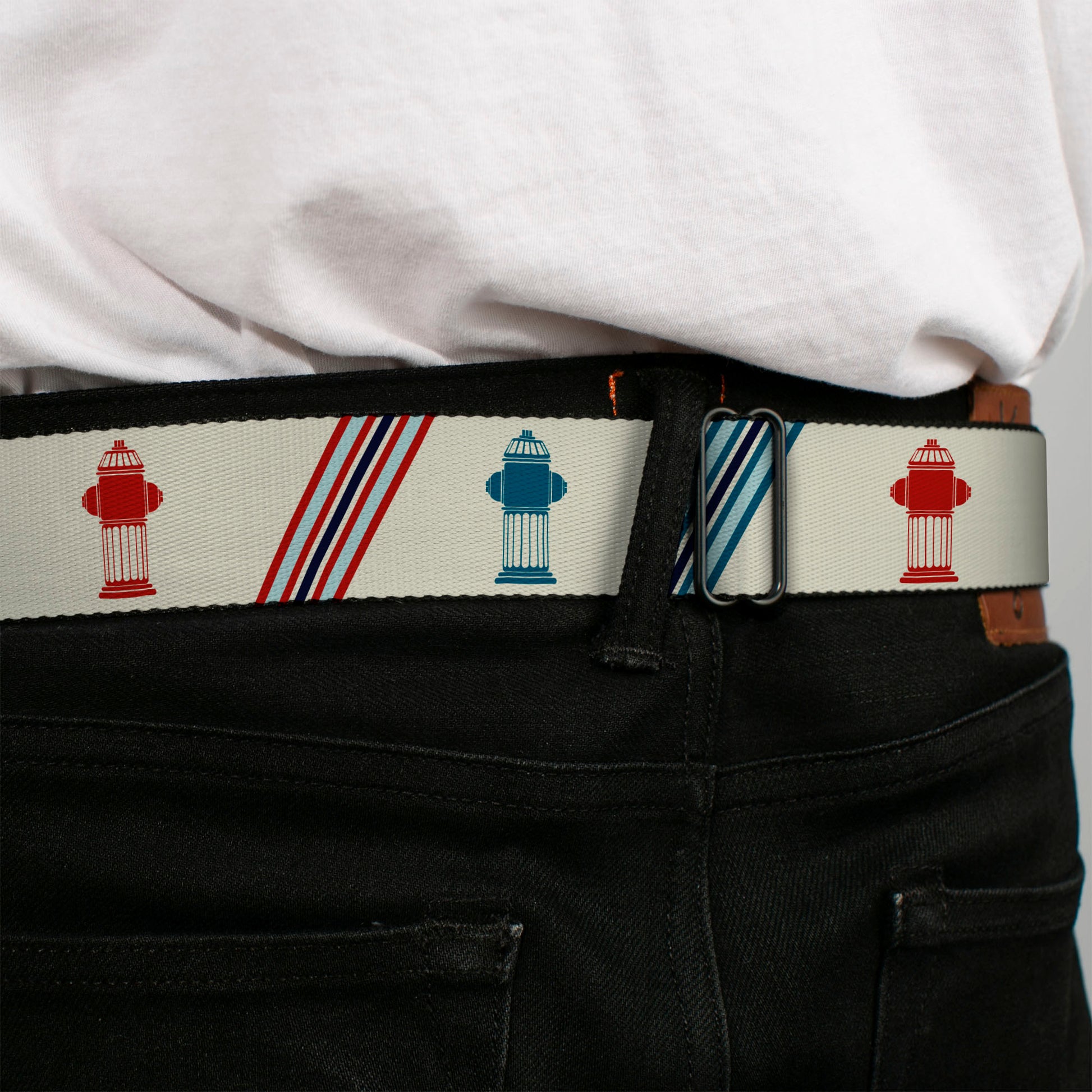 BD Wings Logo CLOSE-UP Full Color Black Silver Seatbelt Belt - Fire Hydrants/Stripes Tan/Blues/Reds Webbing Seatbelt Belts Buckle-Down