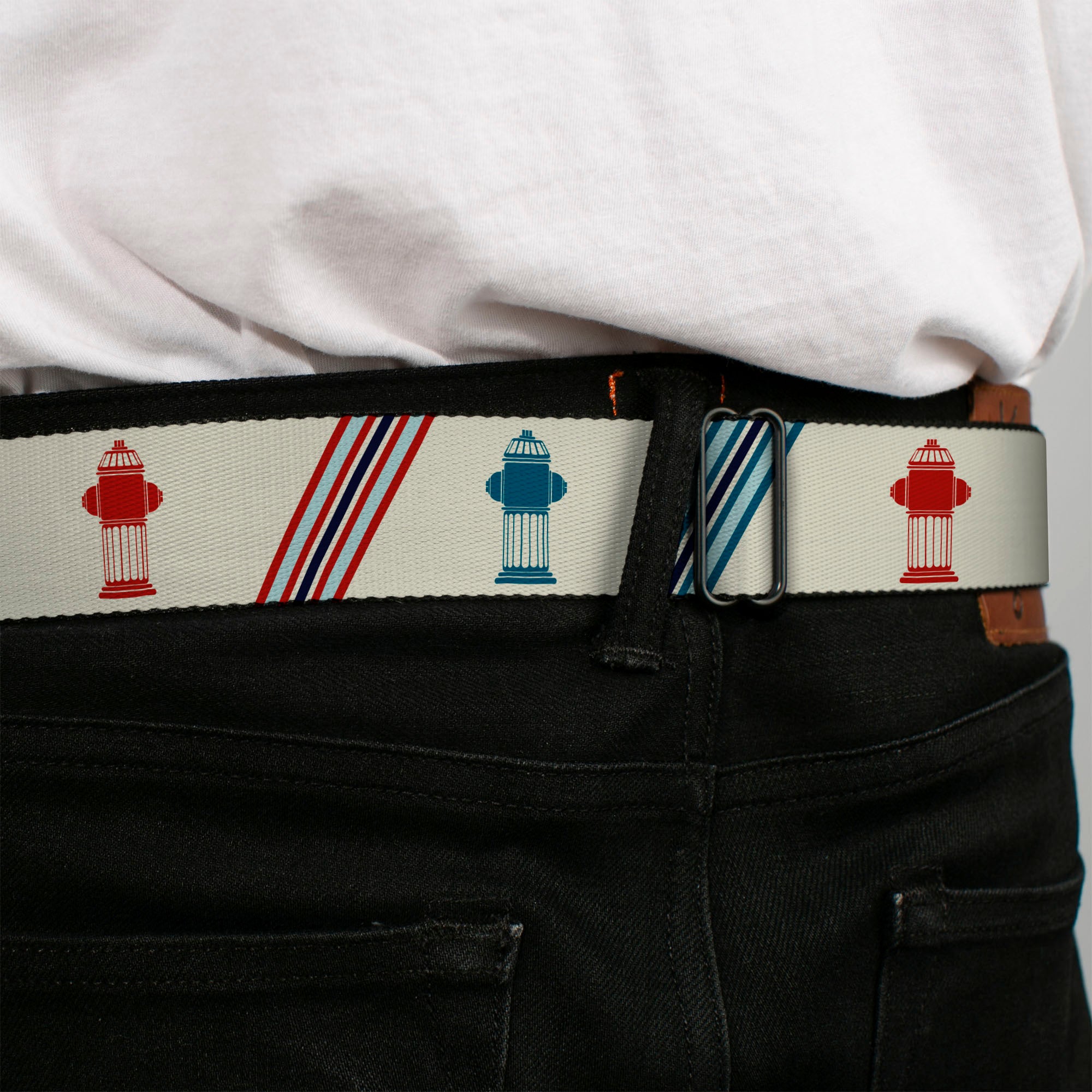 BD Wings Logo CLOSE-UP Full Color Black Silver Seatbelt Belt - Fire Hydrants/Stripes Tan/Blues/Reds Webbing Seatbelt Belts Buckle-Down
