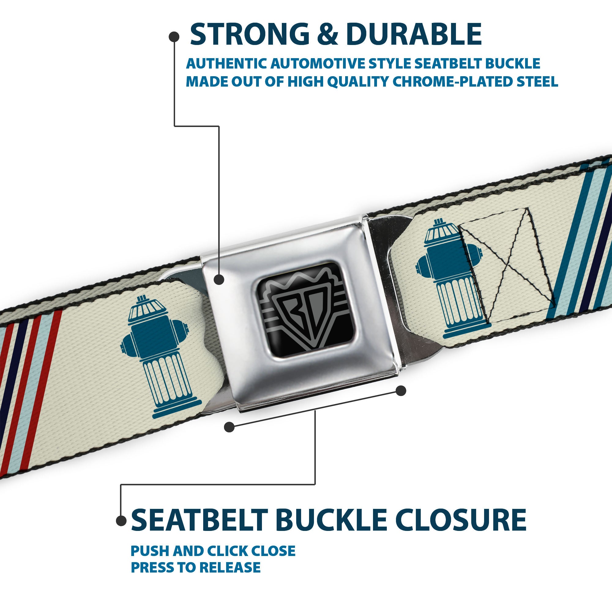 BD Wings Logo CLOSE-UP Full Color Black Silver Seatbelt Belt - Fire Hydrants/Stripes Tan/Blues/Reds Webbing Seatbelt Belts Buckle-Down