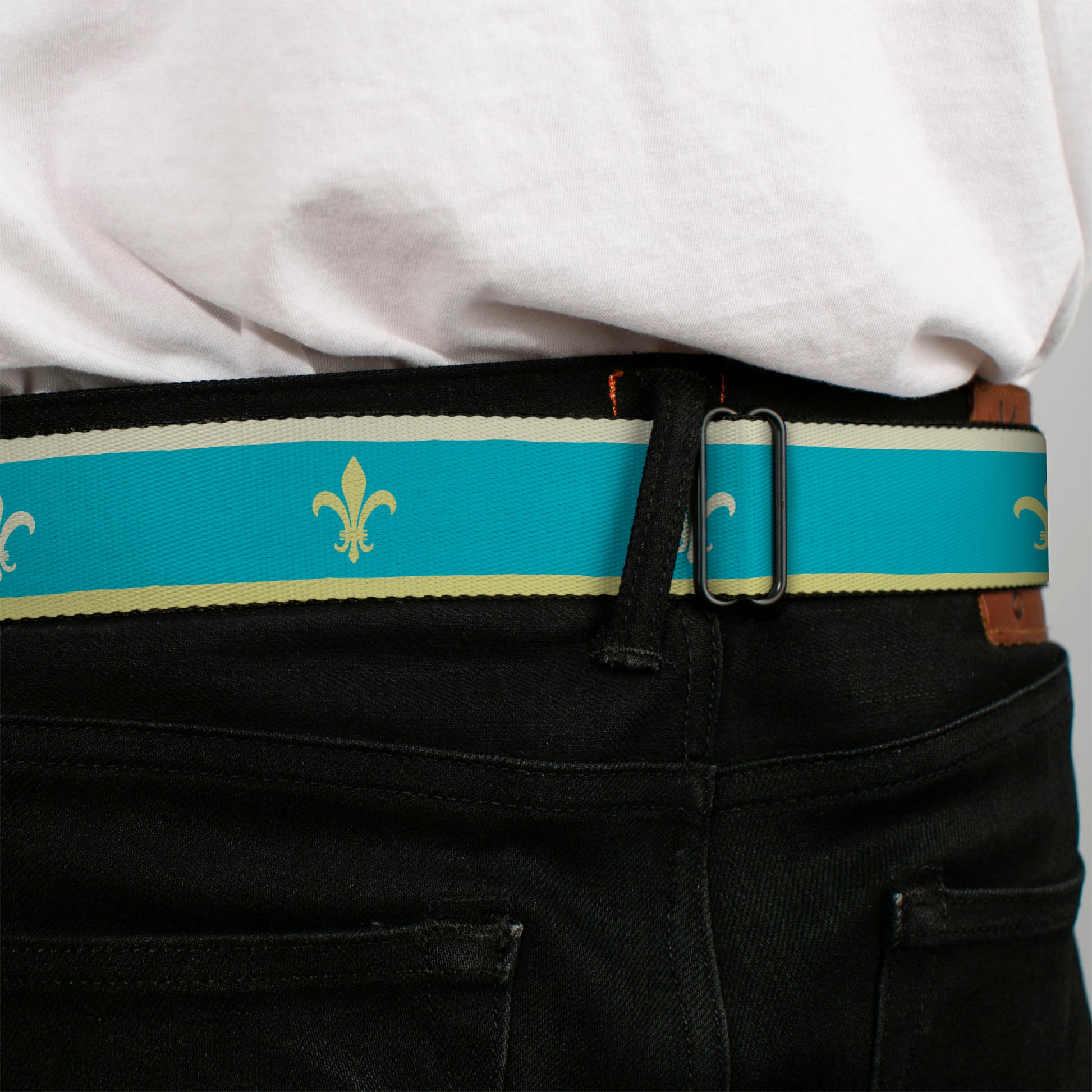 BD Wings Logo CLOSE-UP Full Color Black Silver Seatbelt Belt - Fleur-de-Lis2 Baby Blue/Tan/Lime Green Webbing Seatbelt Belts Buckle-Down