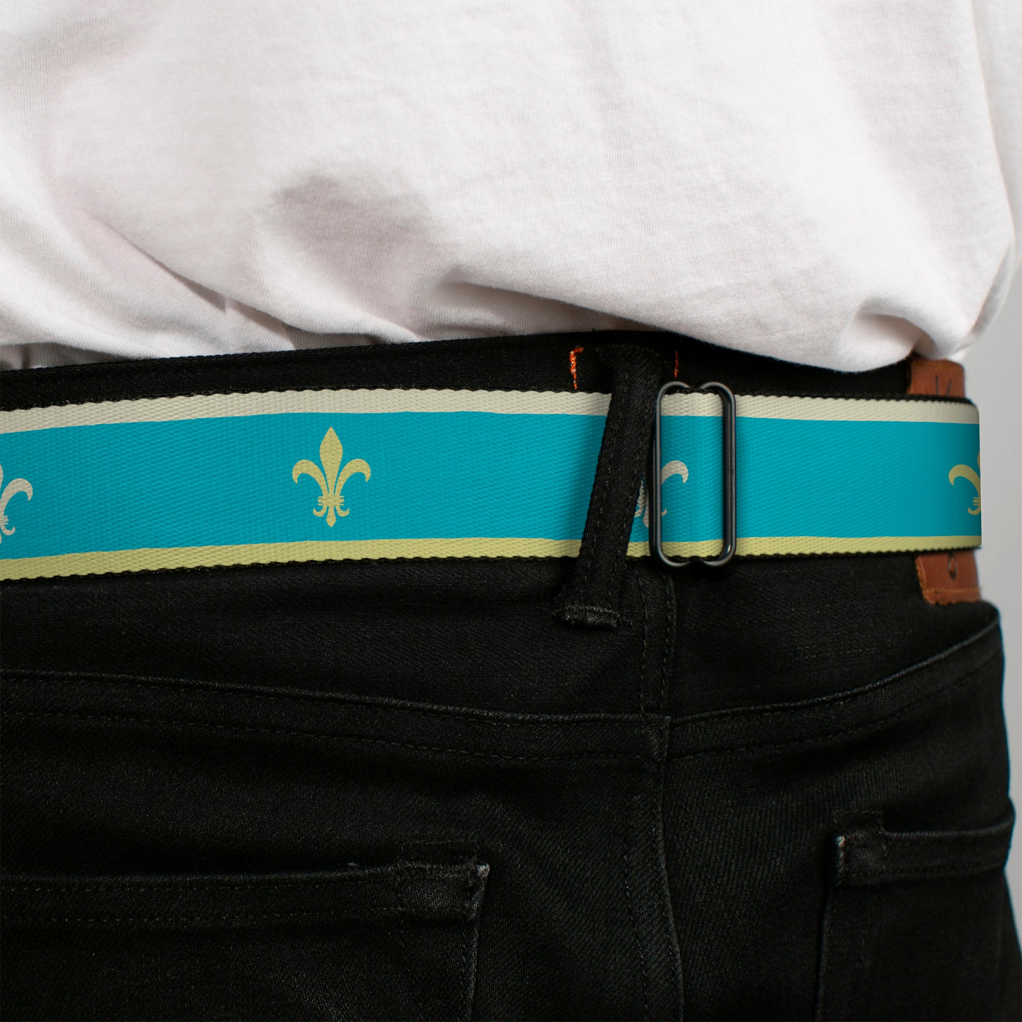 BD Wings Logo CLOSE-UP Full Color Black Silver Seatbelt Belt - Fleur-de-Lis2 Baby Blue/Tan/Lime Green Webbing Seatbelt Belts Buckle-Down