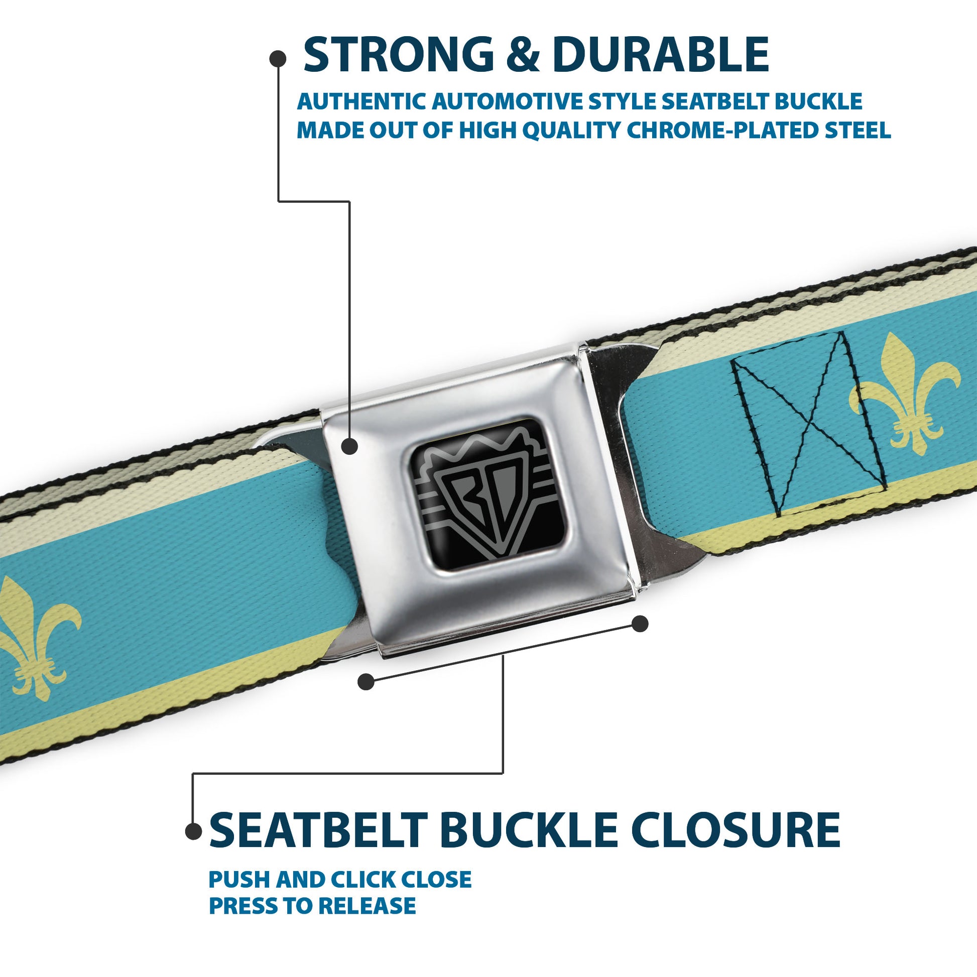 BD Wings Logo CLOSE-UP Full Color Black Silver Seatbelt Belt - Fleur-de-Lis2 Baby Blue/Tan/Lime Green Webbing Seatbelt Belts Buckle-Down
