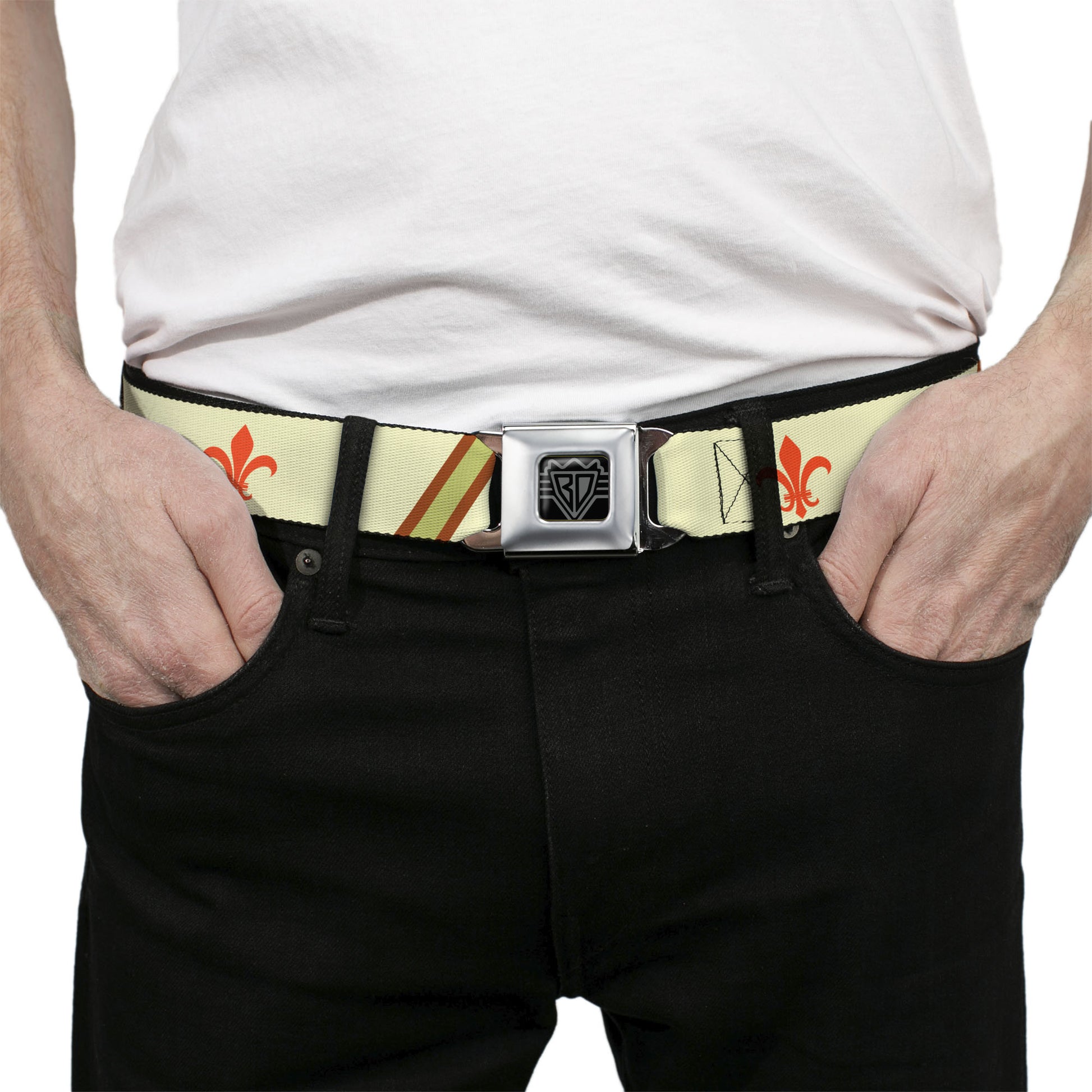 BD Wings Logo CLOSE-UP Full Color Black Silver Seatbelt Belt - Fleur-de-Lis2 Stripes Tan/Orange/Brown/Green Webbing Seatbelt Belts Buckle-Down