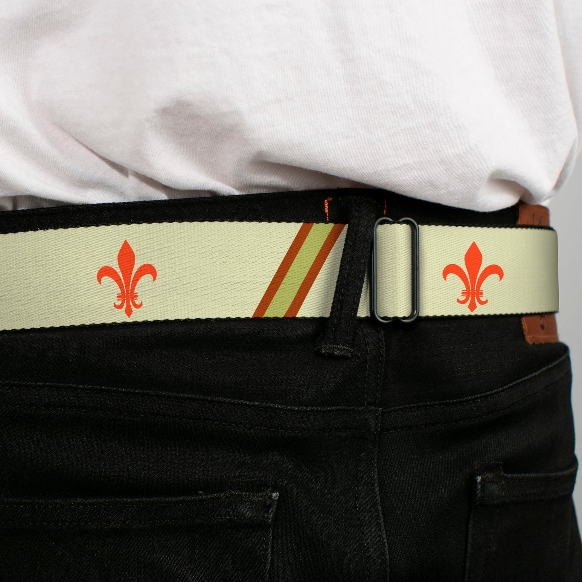BD Wings Logo CLOSE-UP Full Color Black Silver Seatbelt Belt - Fleur-de-Lis2 Stripes Tan/Orange/Brown/Green Webbing Seatbelt Belts Buckle-Down