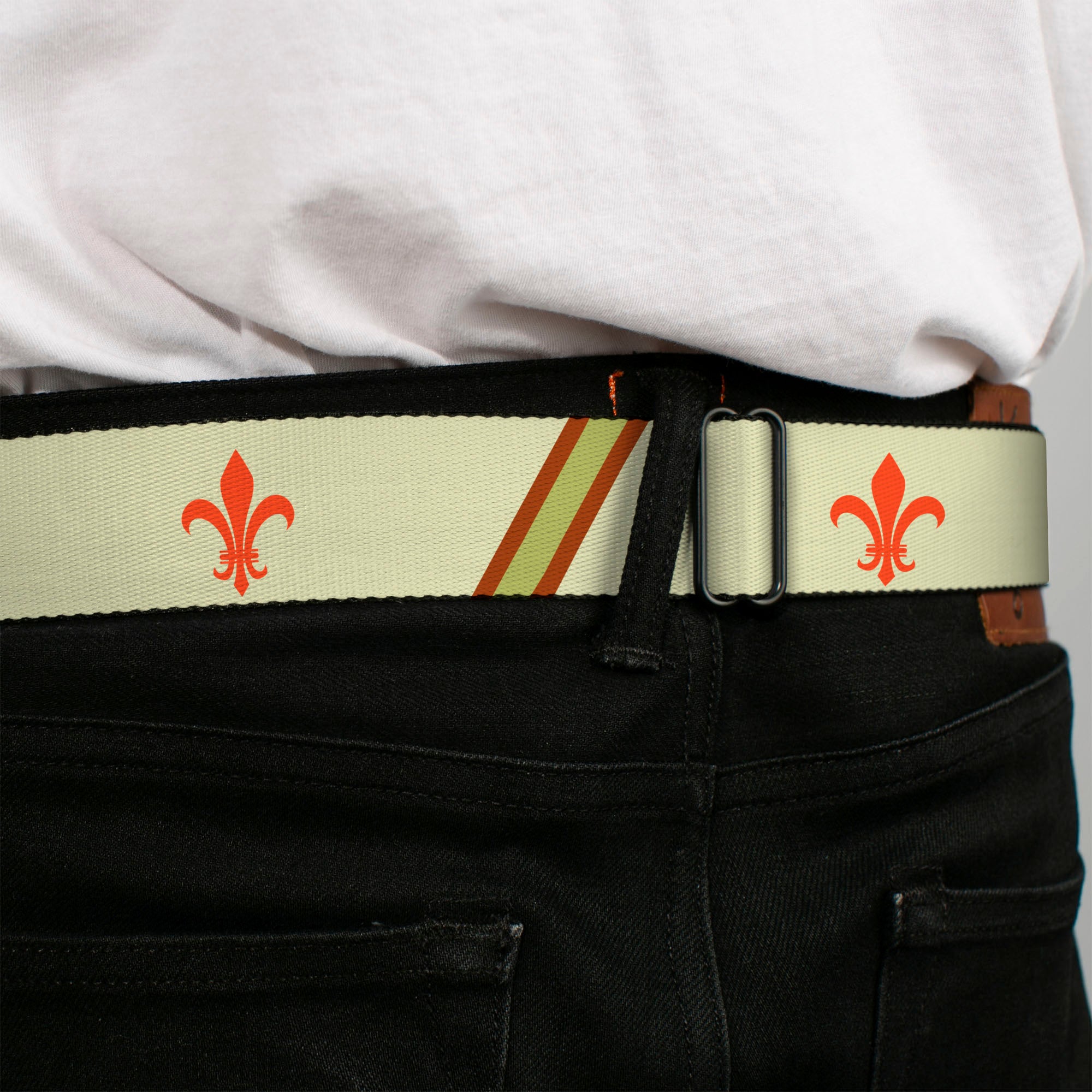 BD Wings Logo CLOSE-UP Full Color Black Silver Seatbelt Belt - Fleur-de-Lis2 Stripes Tan/Orange/Brown/Green Webbing Seatbelt Belts Buckle-Down