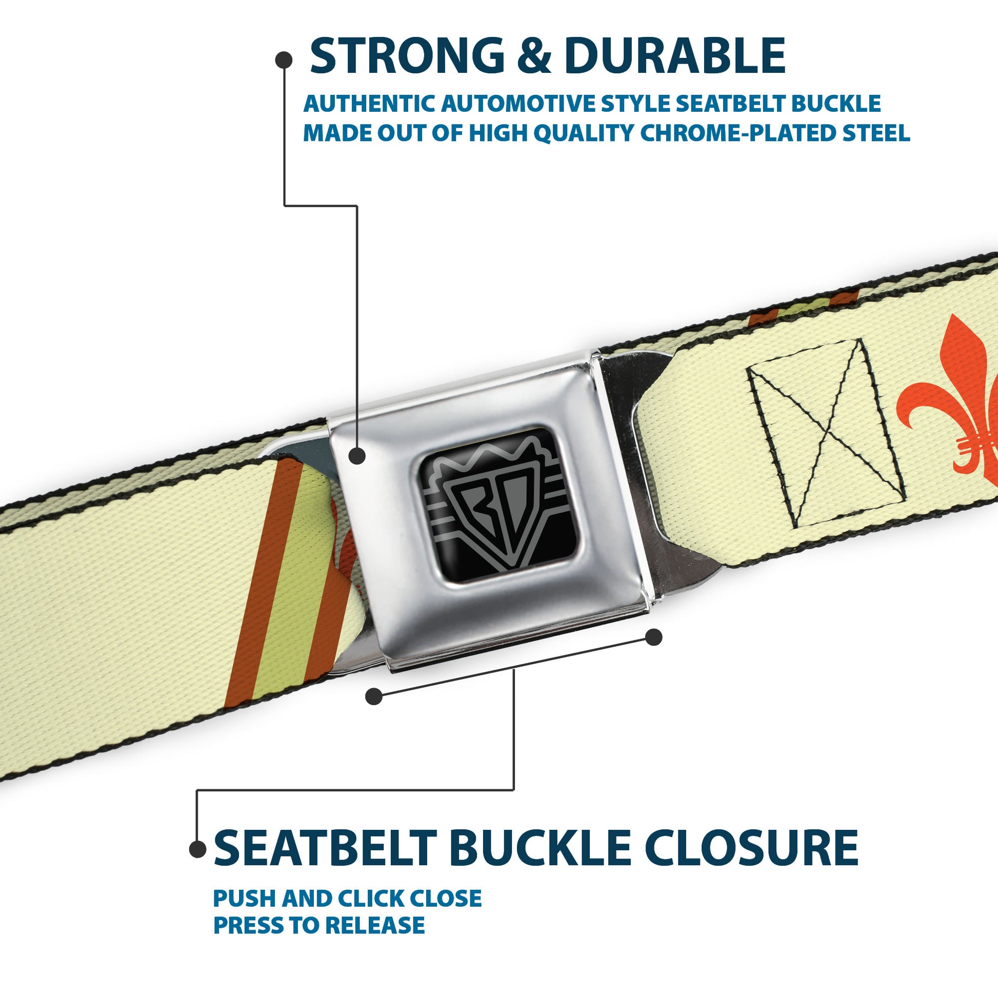 BD Wings Logo CLOSE-UP Full Color Black Silver Seatbelt Belt - Fleur-de-Lis2 Stripes Tan/Orange/Brown/Green Webbing Seatbelt Belts Buckle-Down