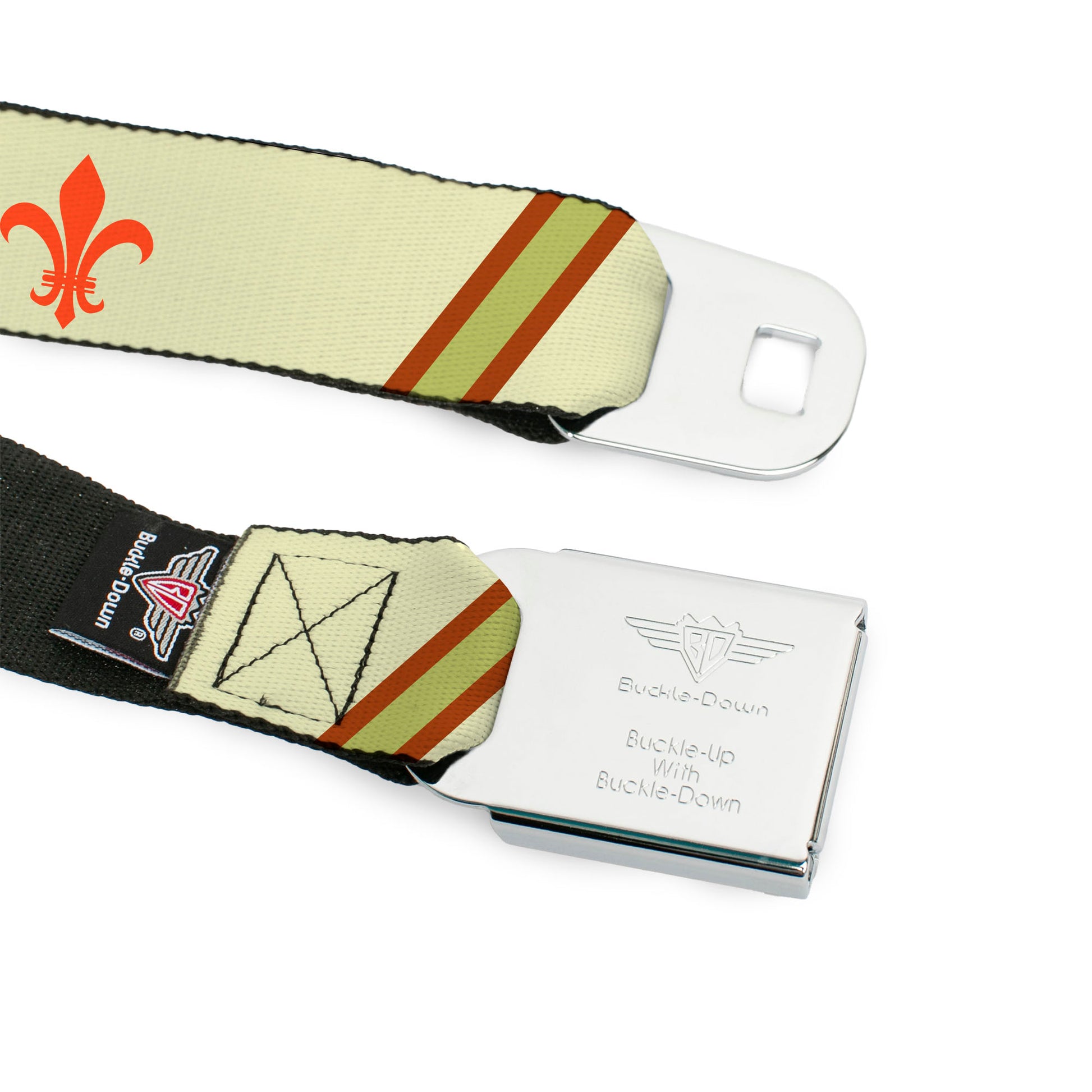 BD Wings Logo CLOSE-UP Full Color Black Silver Seatbelt Belt - Fleur-de-Lis2 Stripes Tan/Orange/Brown/Green Webbing Seatbelt Belts Buckle-Down
