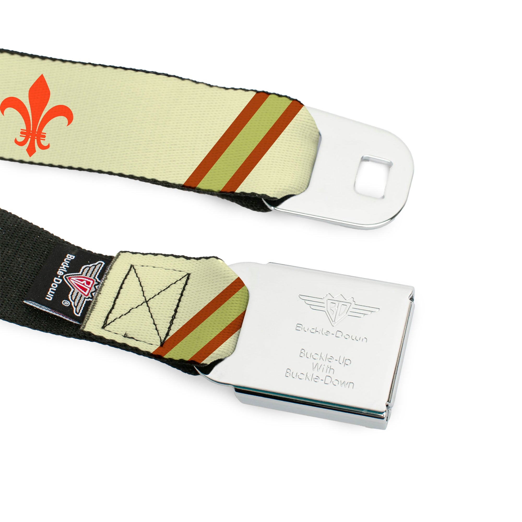 BD Wings Logo CLOSE-UP Full Color Black Silver Seatbelt Belt - Fleur-de-Lis2 Stripes Tan/Orange/Brown/Green Webbing Seatbelt Belts Buckle-Down