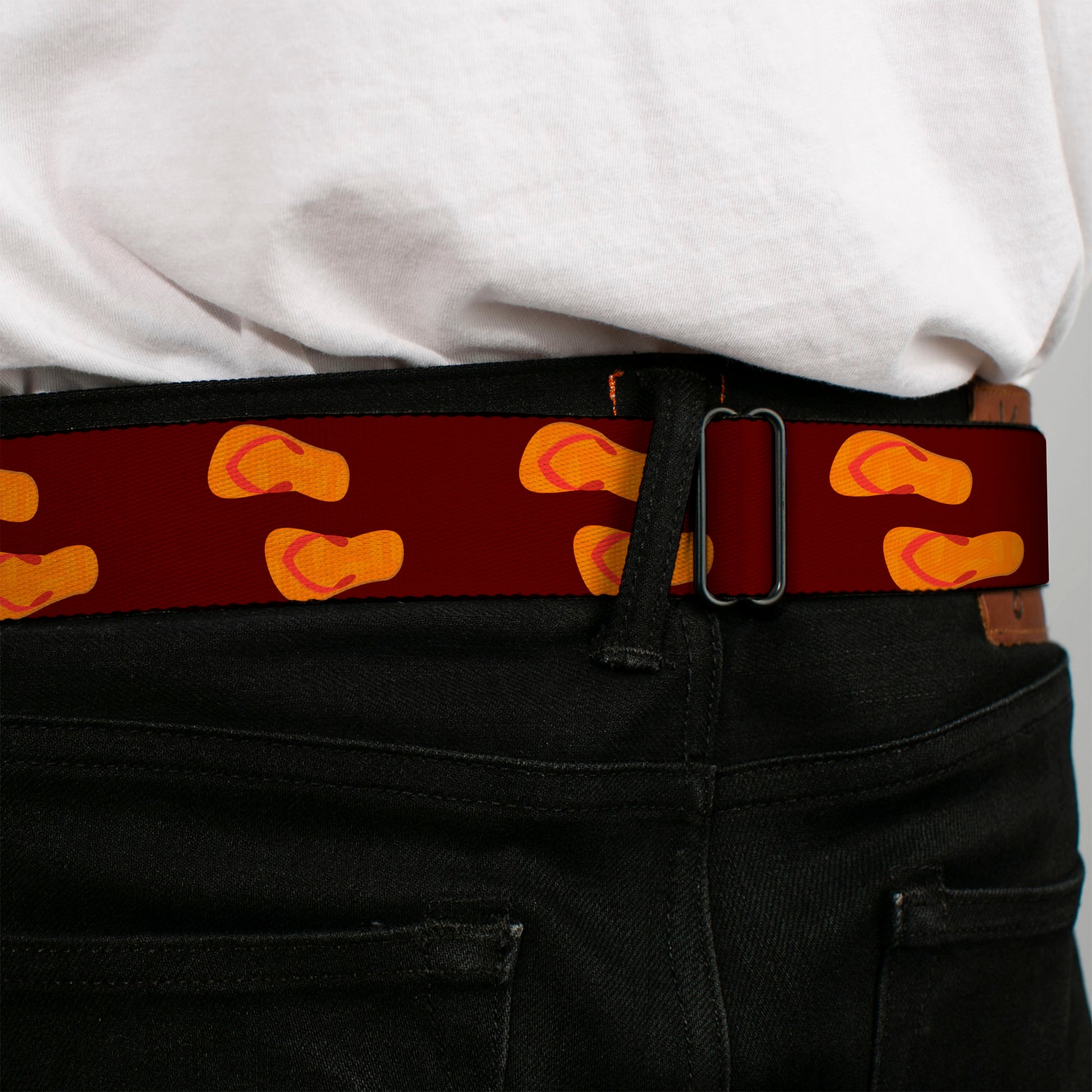 BD Wings Logo CLOSE-UP Full Color Black Silver Seatbelt Belt - Flip Flops Burgundy/Orange Webbing Seatbelt Belts Buckle-Down