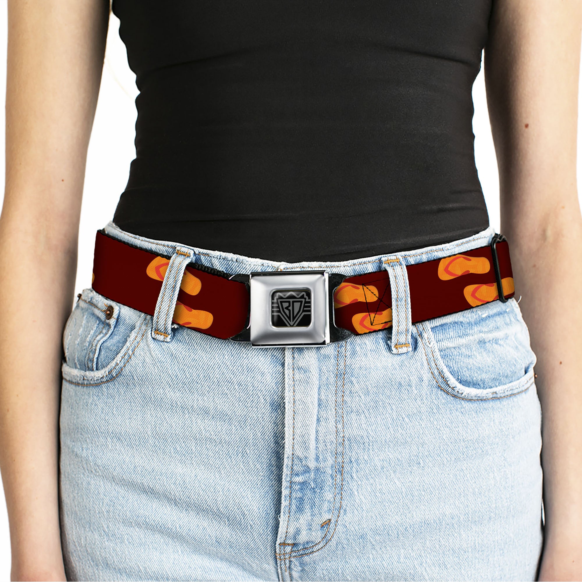 BD Wings Logo CLOSE-UP Full Color Black Silver Seatbelt Belt - Flip Flops Burgundy/Orange Webbing Seatbelt Belts Buckle-Down