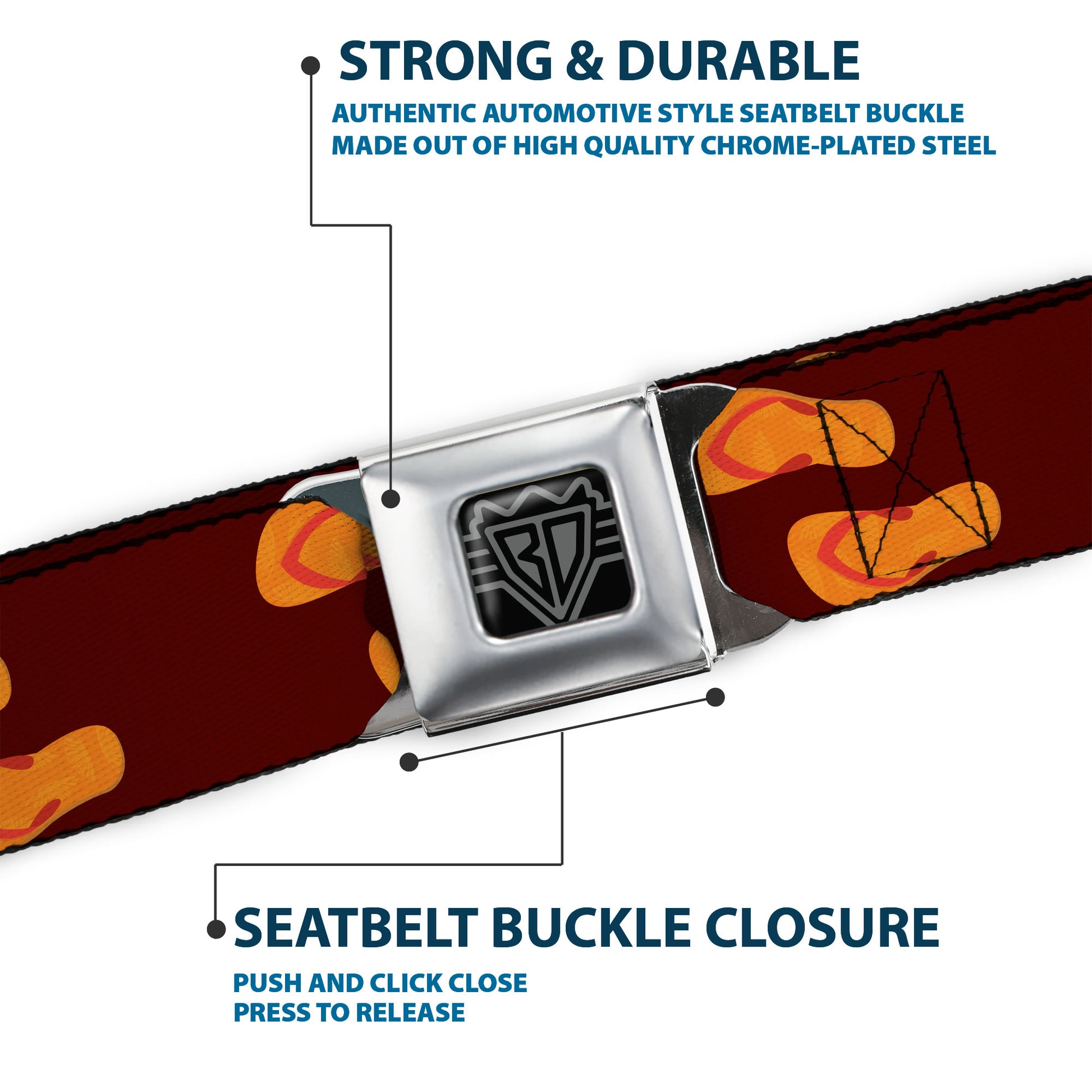 BD Wings Logo CLOSE-UP Full Color Black Silver Seatbelt Belt - Flip Flops Burgundy/Orange Webbing Seatbelt Belts Buckle-Down