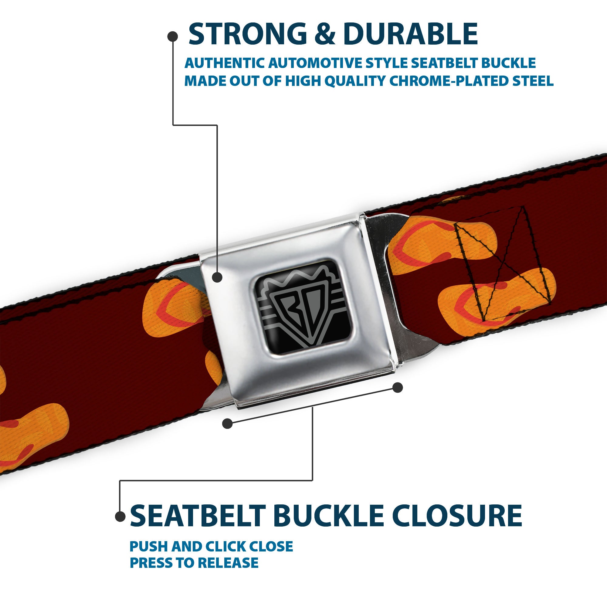 BD Wings Logo CLOSE-UP Full Color Black Silver Seatbelt Belt - Flip Flops Burgundy/Orange Webbing Seatbelt Belts Buckle-Down