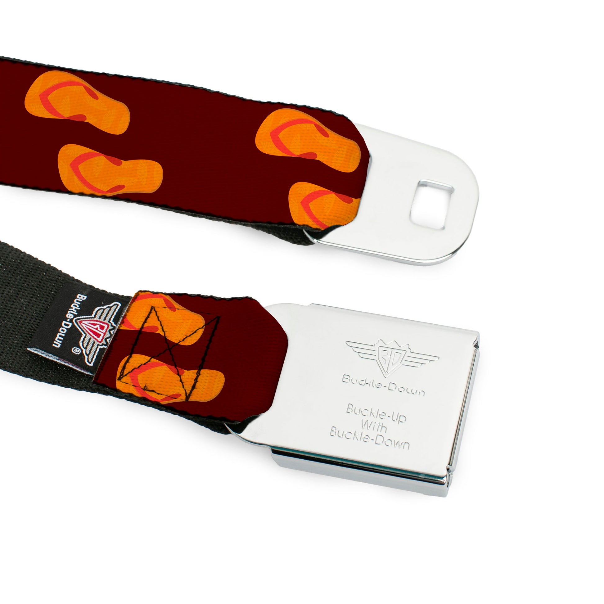 BD Wings Logo CLOSE-UP Full Color Black Silver Seatbelt Belt - Flip Flops Burgundy/Orange Webbing Seatbelt Belts Buckle-Down