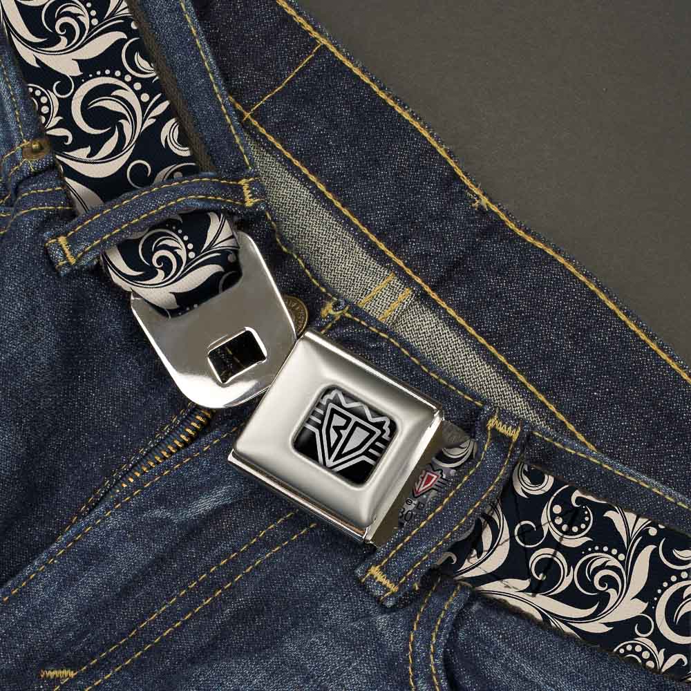 BD Wings Logo CLOSE-UP Full Color Black Silver Seatbelt Belt - Filigree Navy/Khaki Webbing Seatbelt Belts Buckle-Down