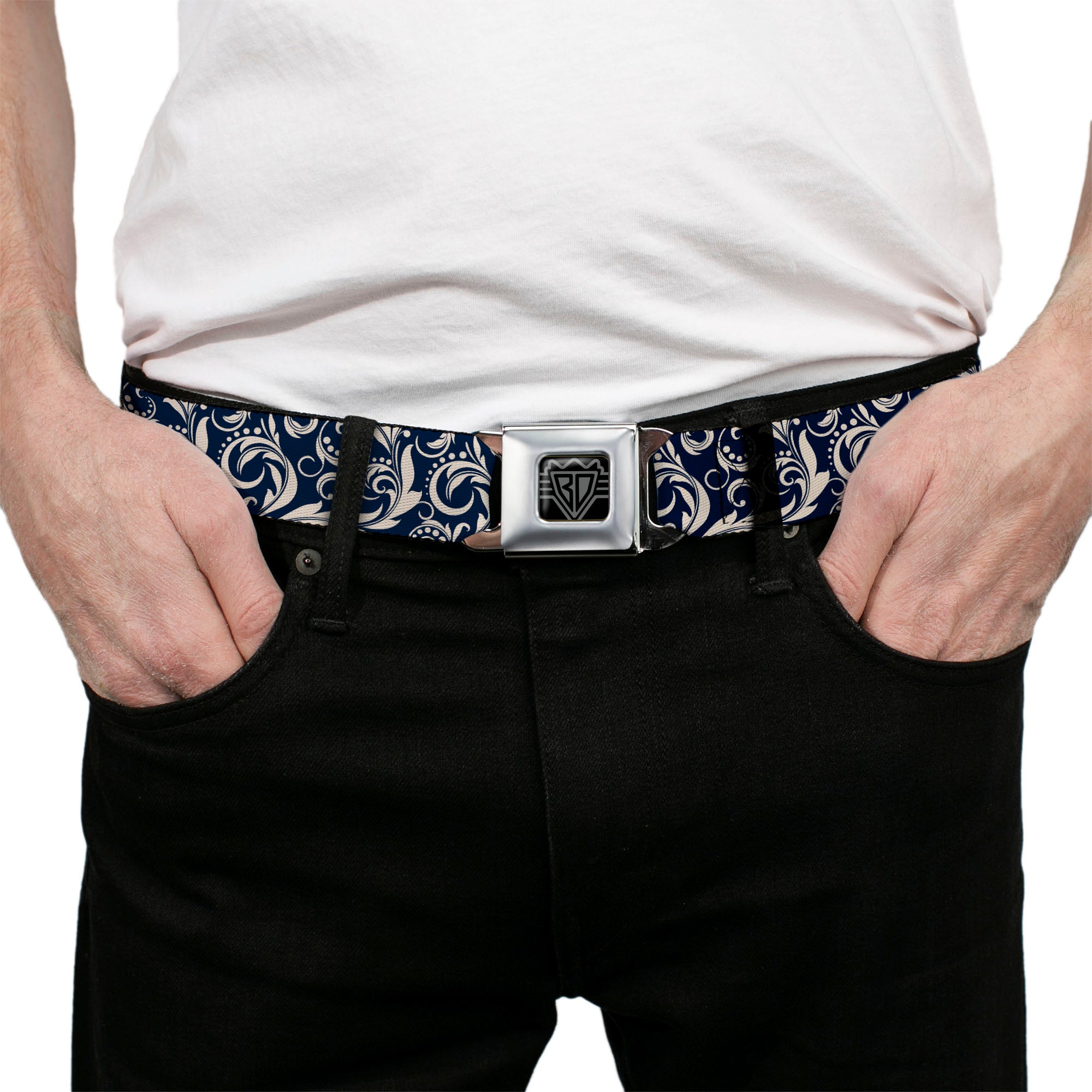 BD Wings Logo CLOSE-UP Full Color Black Silver Seatbelt Belt - Filigree Navy/Khaki Webbing Seatbelt Belts Buckle-Down