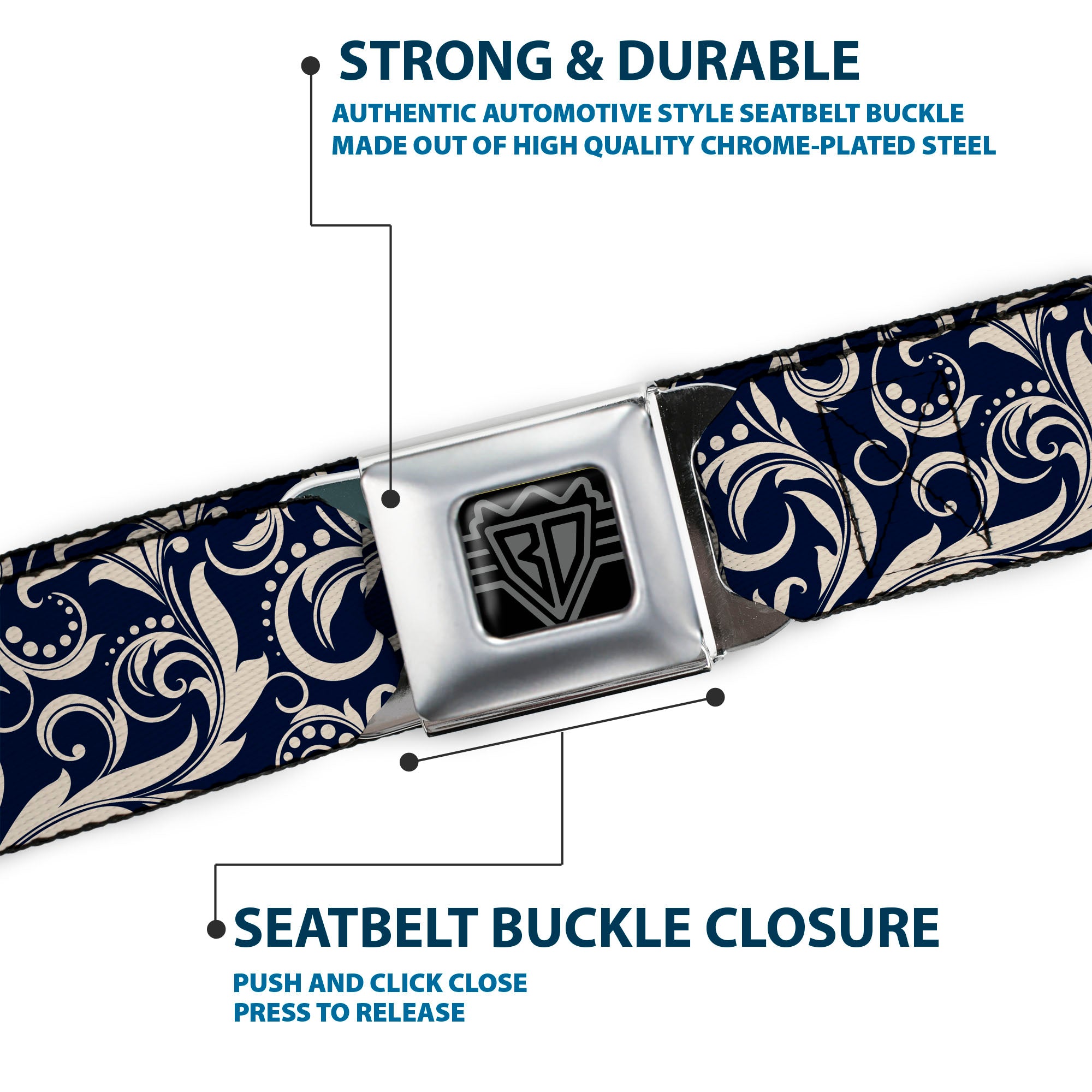 BD Wings Logo CLOSE-UP Full Color Black Silver Seatbelt Belt - Filigree Navy/Khaki Webbing Seatbelt Belts Buckle-Down
