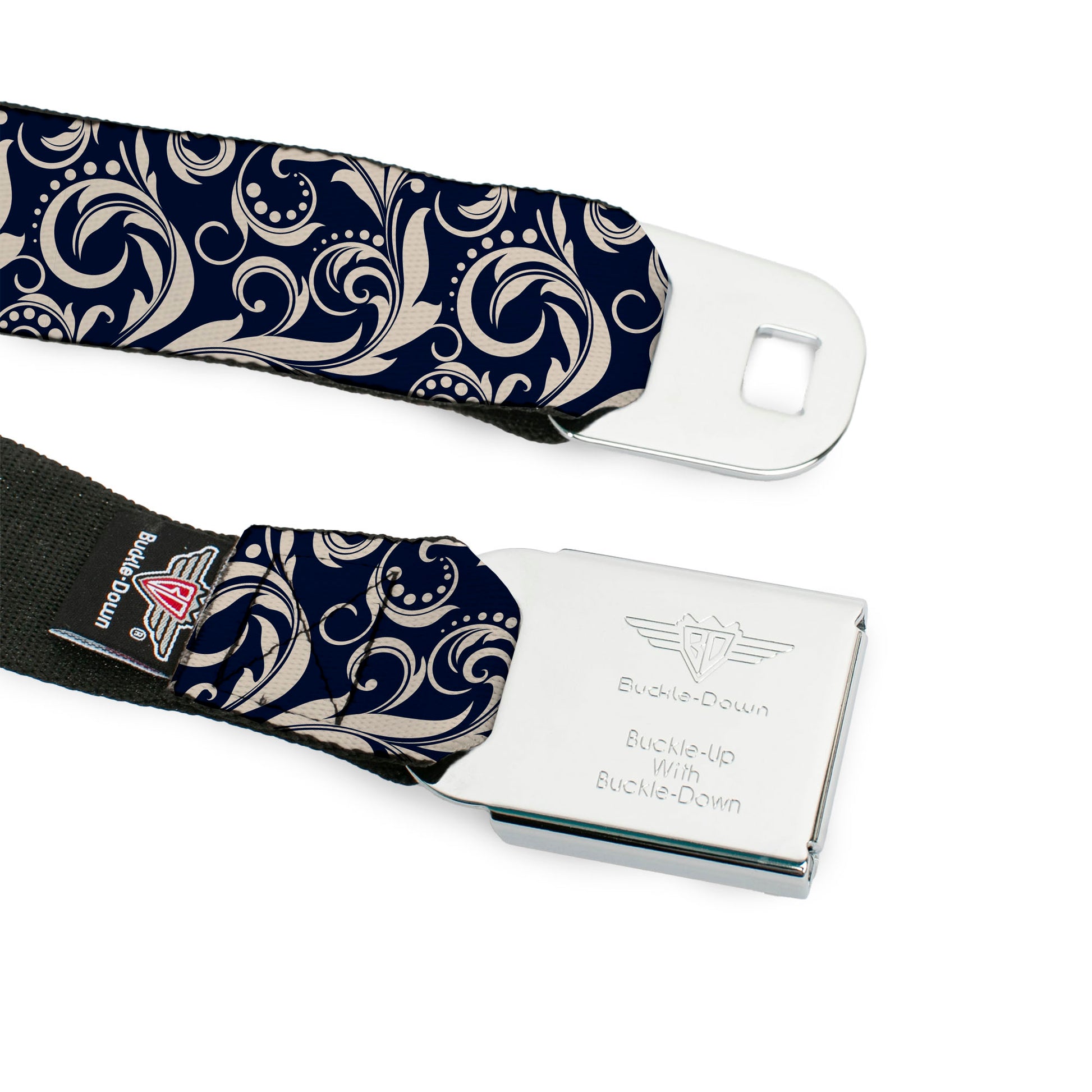 BD Wings Logo CLOSE-UP Full Color Black Silver Seatbelt Belt - Filigree Navy/Khaki Webbing Seatbelt Belts Buckle-Down