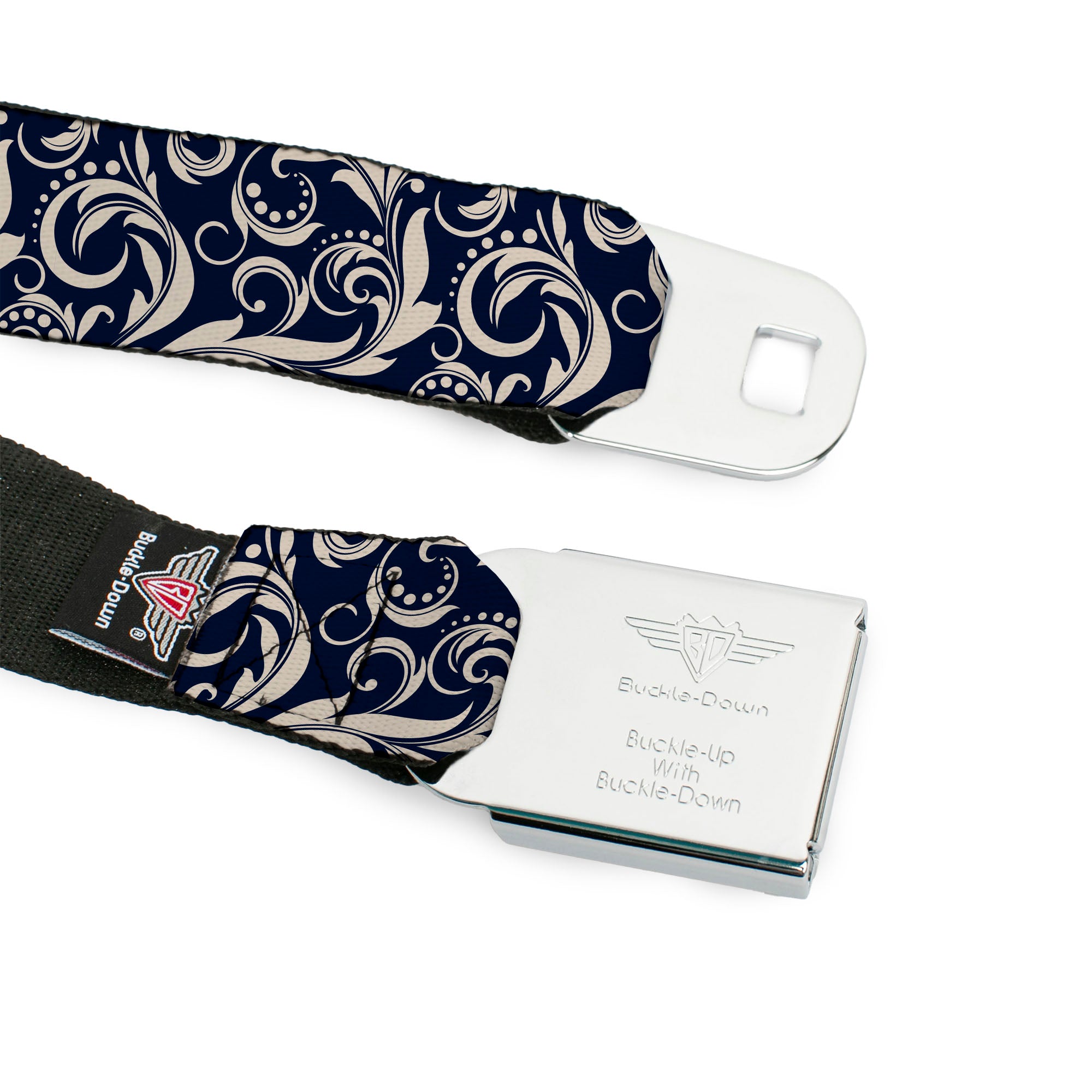 BD Wings Logo CLOSE-UP Full Color Black Silver Seatbelt Belt - Filigree Navy/Khaki Webbing Seatbelt Belts Buckle-Down