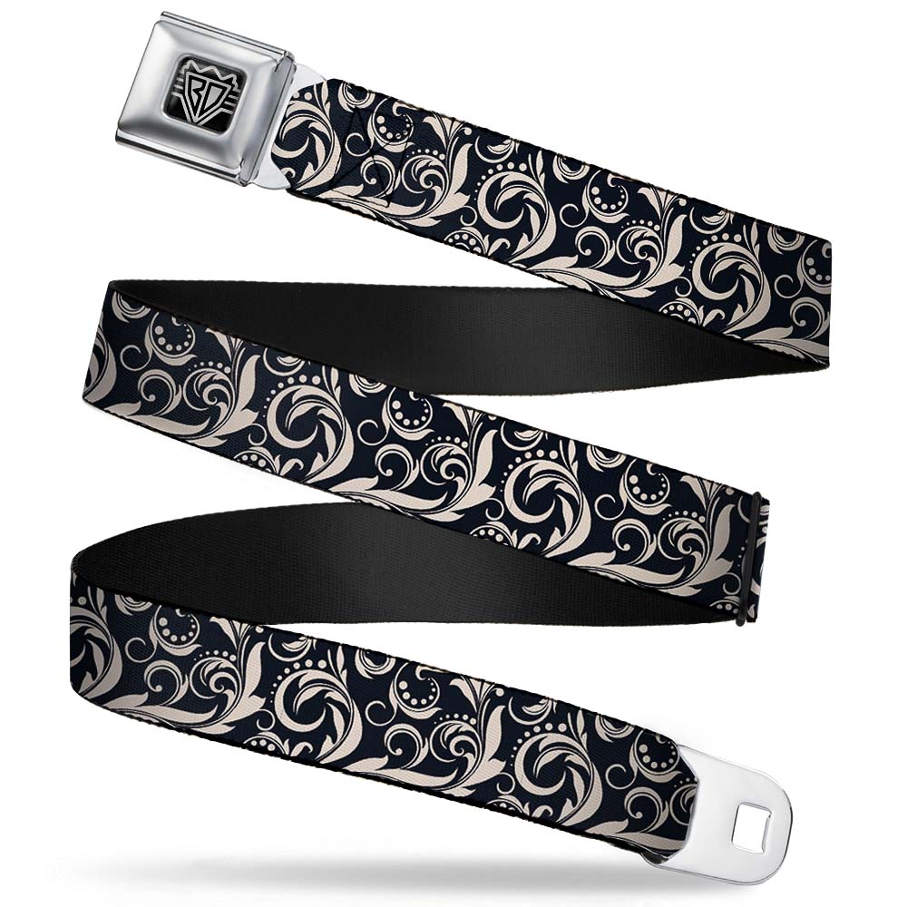 BD Wings Logo CLOSE-UP Full Color Black Silver Seatbelt Belt - Filigree Navy/Khaki Webbing Seatbelt Belts Buckle-Down