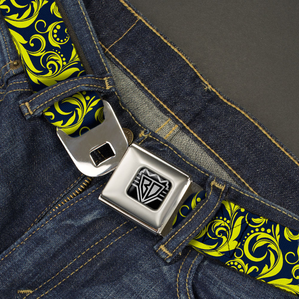 BD Wings Logo CLOSE-UP Full Color Black Silver Seatbelt Belt - Filigree Navy/Yellow Webbing Seatbelt Belts Buckle-Down