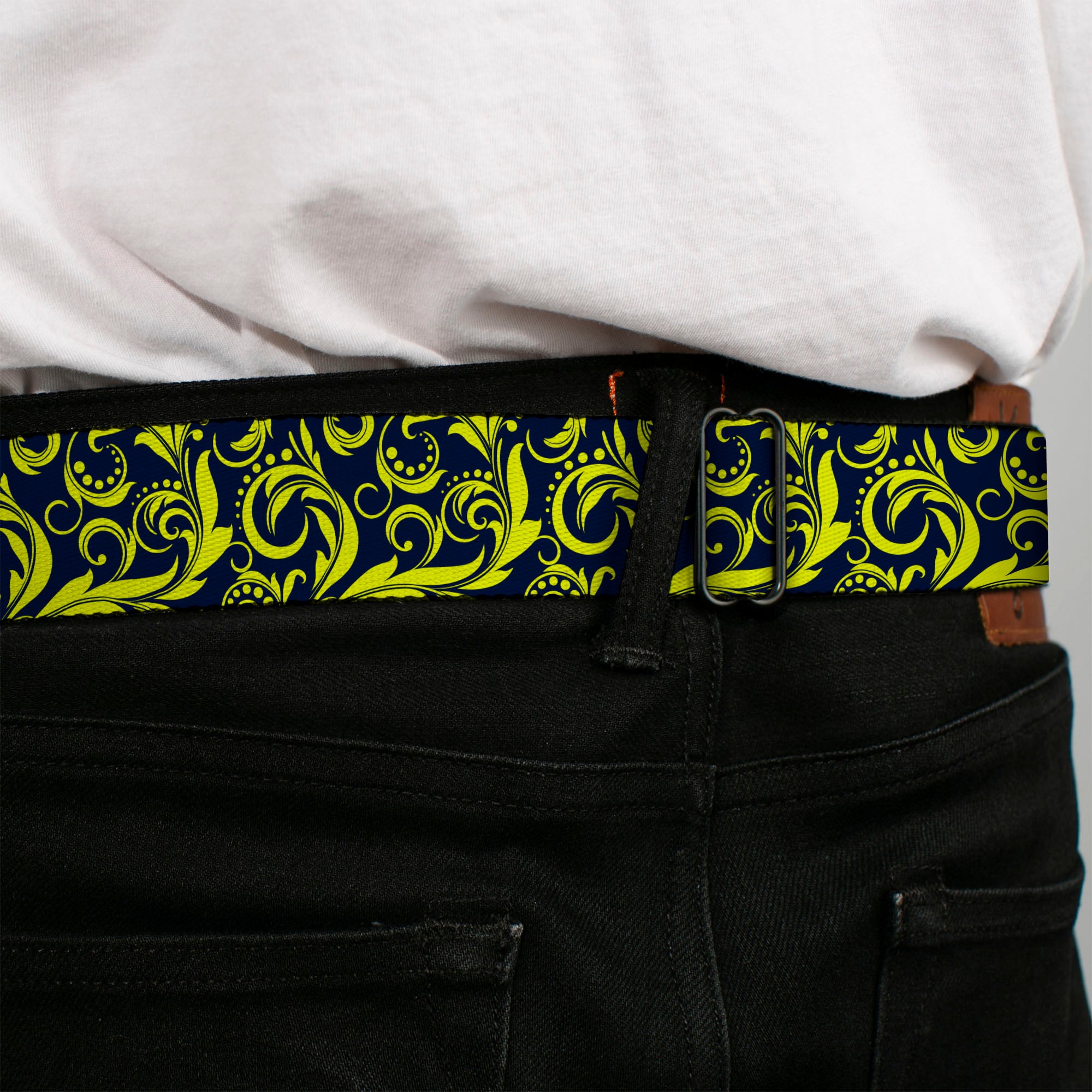 BD Wings Logo CLOSE-UP Full Color Black Silver Seatbelt Belt - Filigree Navy/Yellow Webbing Seatbelt Belts Buckle-Down
