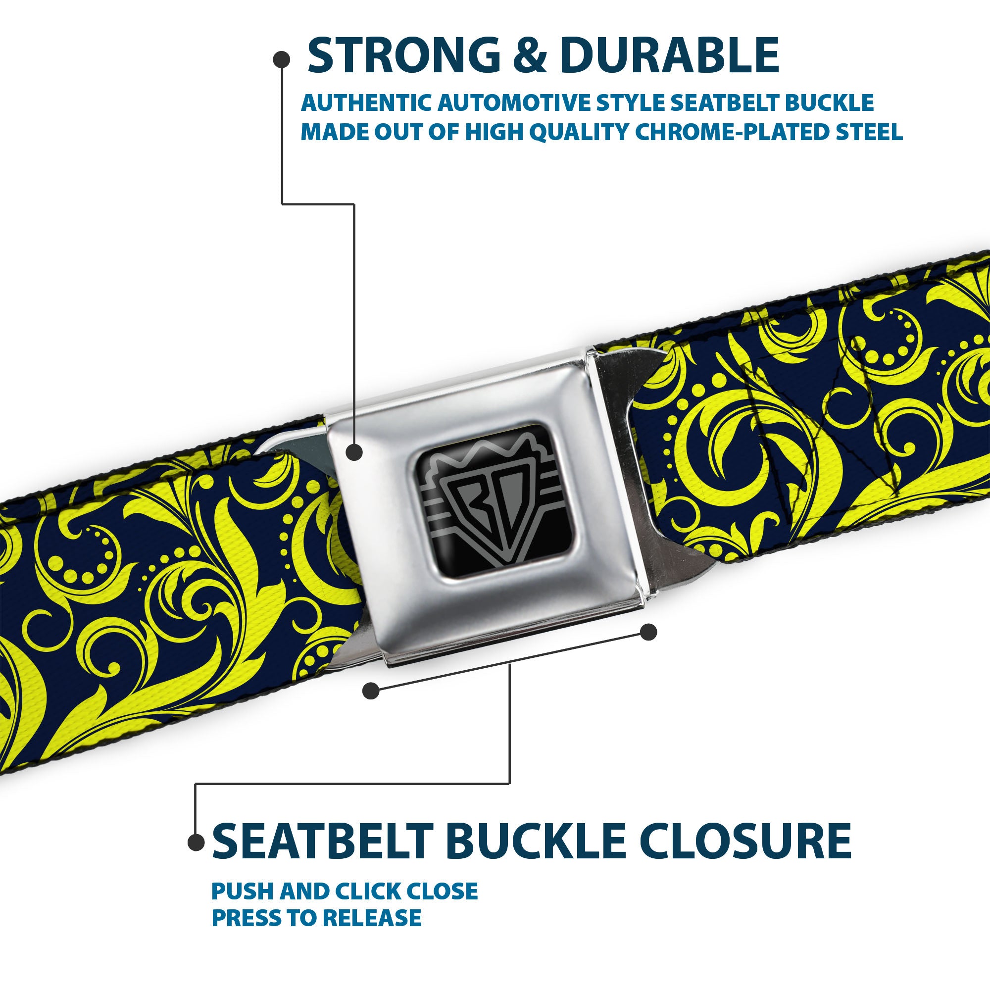 BD Wings Logo CLOSE-UP Full Color Black Silver Seatbelt Belt - Filigree Navy/Yellow Webbing Seatbelt Belts Buckle-Down