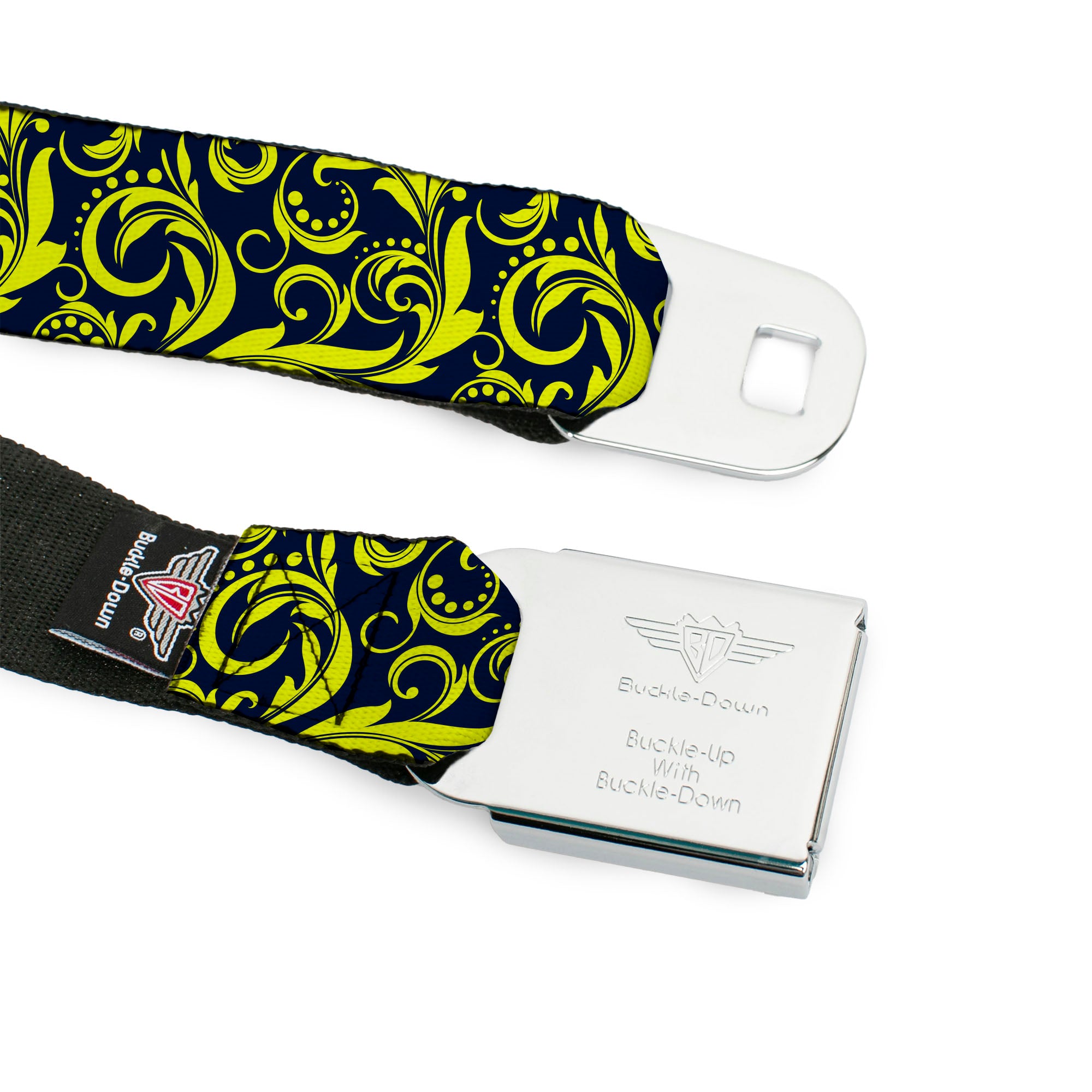 BD Wings Logo CLOSE-UP Full Color Black Silver Seatbelt Belt - Filigree Navy/Yellow Webbing Seatbelt Belts Buckle-Down