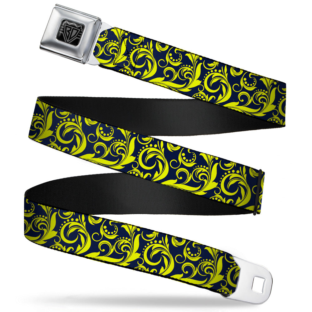 BD Wings Logo CLOSE-UP Full Color Black Silver Seatbelt Belt - Filigree Navy/Yellow Webbing Seatbelt Belts Buckle-Down
