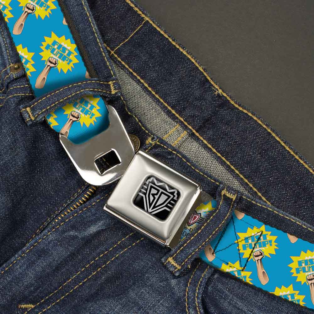 BD Wings Logo CLOSE-UP Full Color Black Silver Seatbelt Belt - Fist Pump Baby Blue/Yellow Webbing Seatbelt Belts Buckle-Down