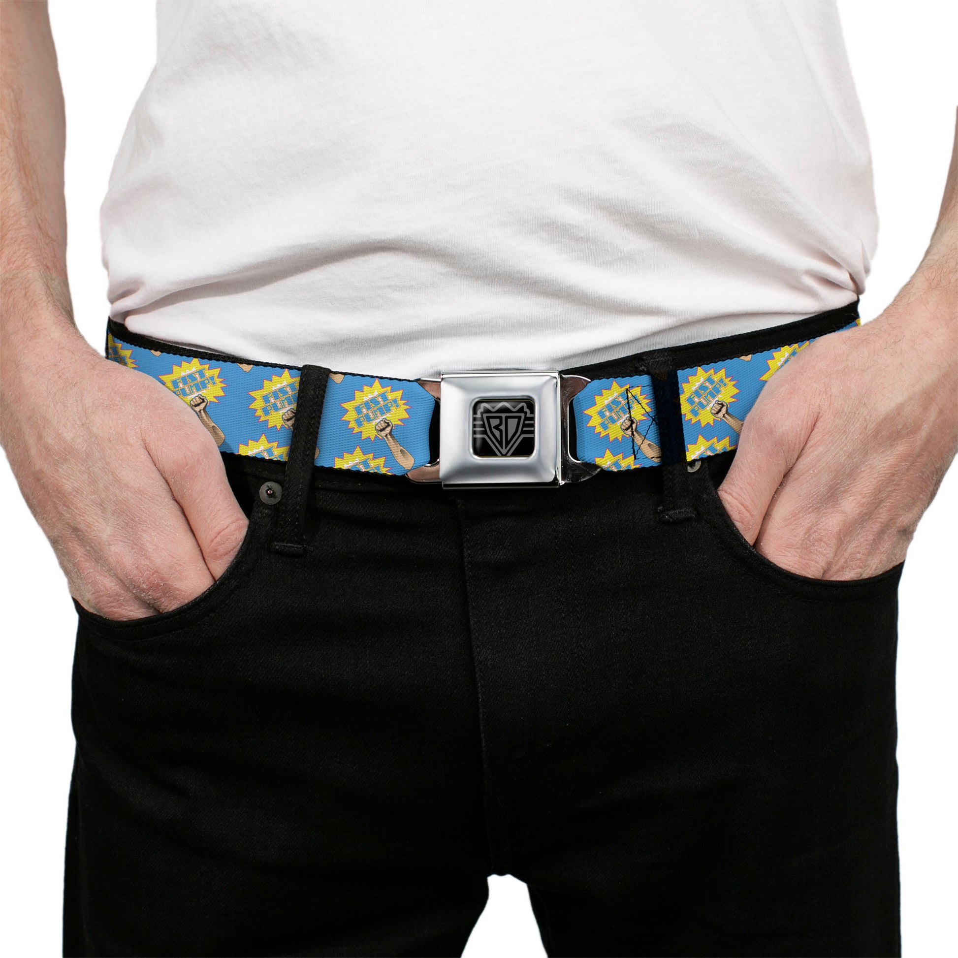 BD Wings Logo CLOSE-UP Full Color Black Silver Seatbelt Belt - Fist Pump Baby Blue/Yellow Webbing Seatbelt Belts Buckle-Down
