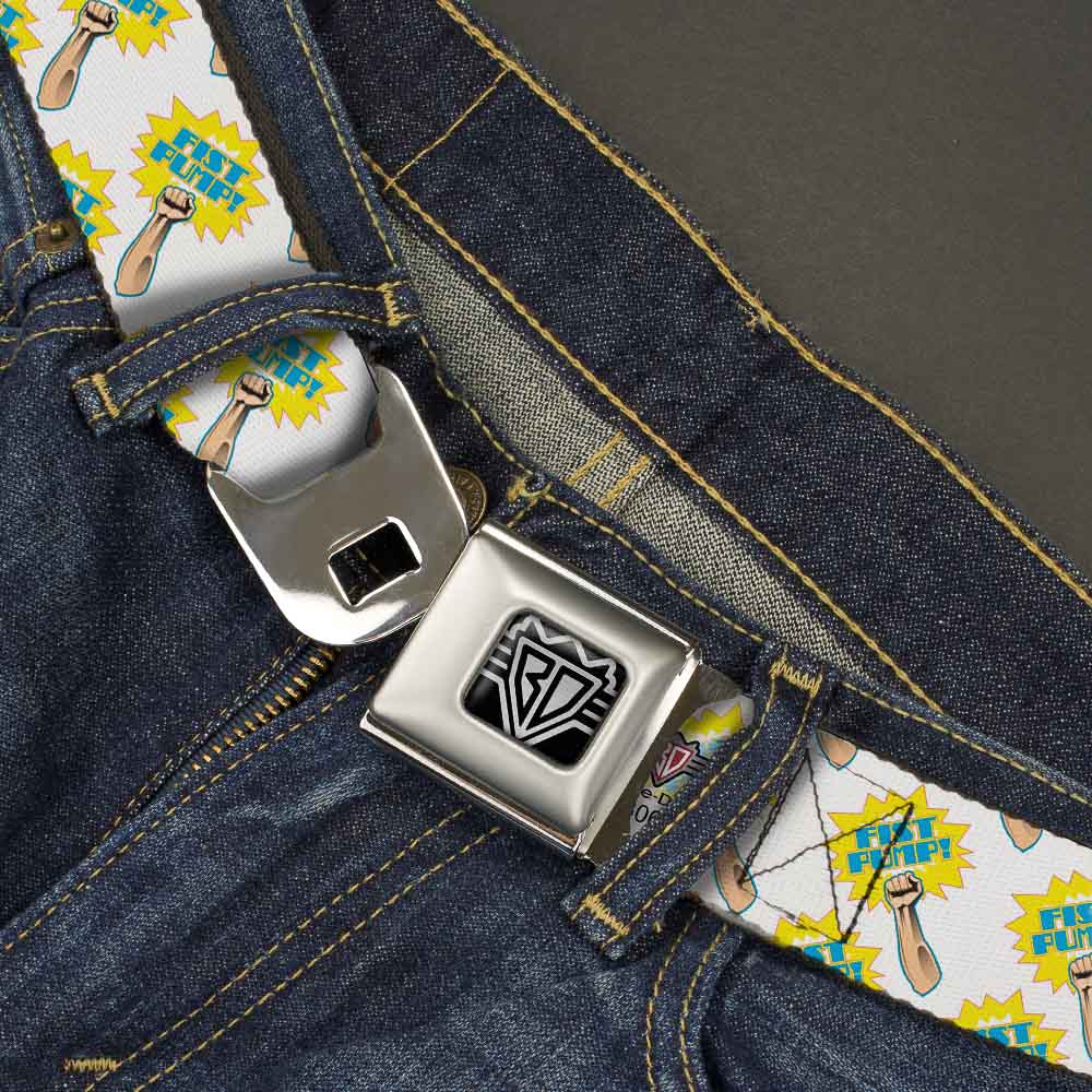 BD Wings Logo CLOSE-UP Full Color Black Silver Seatbelt Belt - Fist Pump White/Yellow Webbing Seatbelt Belts Buckle-Down