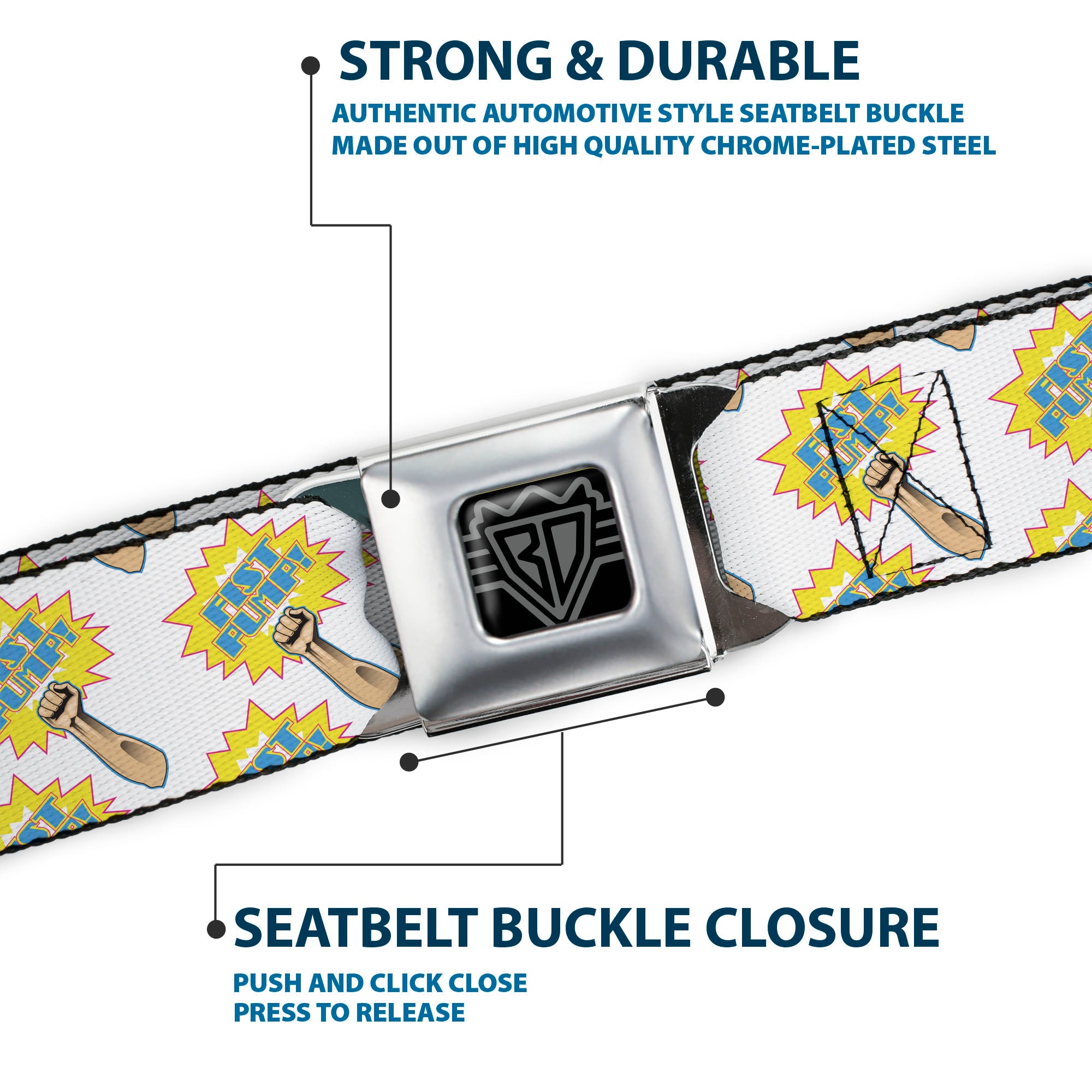 BD Wings Logo CLOSE-UP Full Color Black Silver Seatbelt Belt - Fist Pump White/Yellow Webbing Seatbelt Belts Buckle-Down