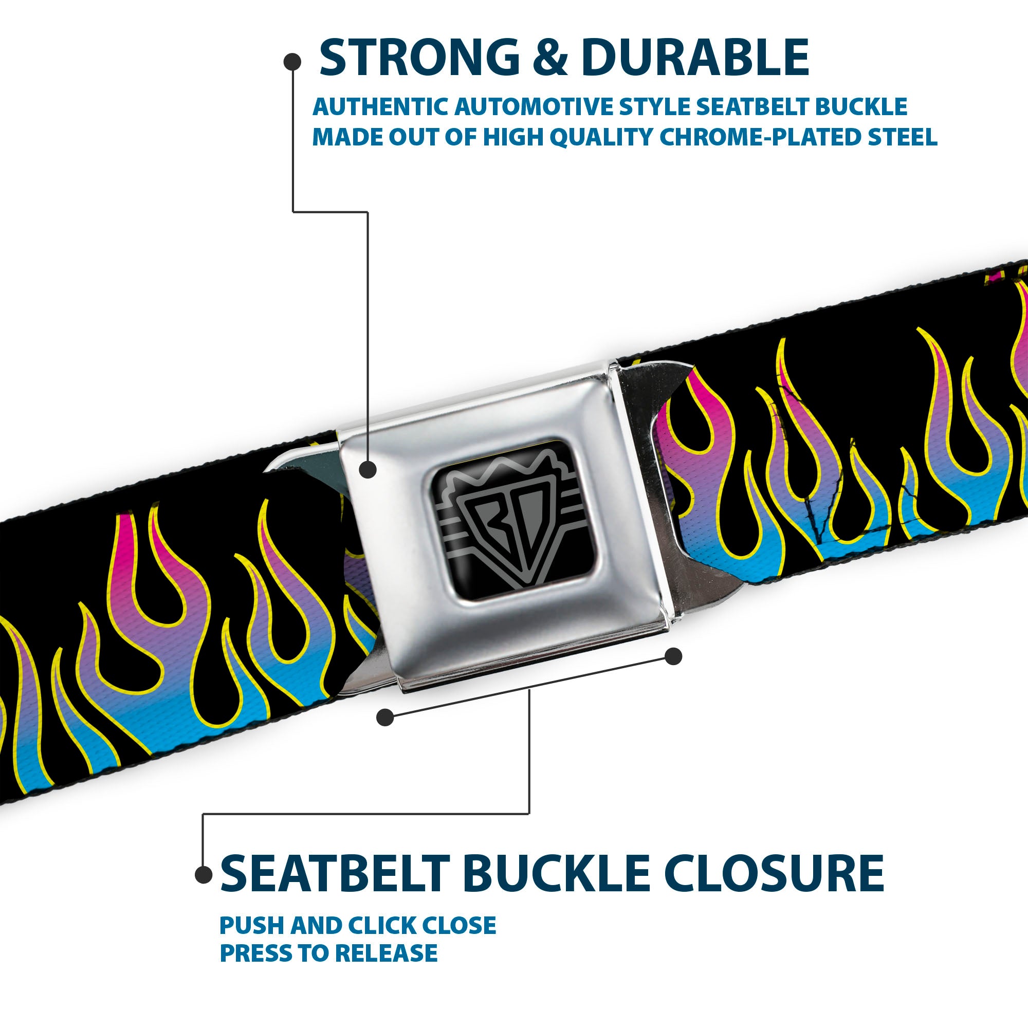 BD Wings Logo CLOSE-UP Full Color Black Silver Seatbelt Belt - Flames Black/Blue/Pink Webbing Seatbelt Belts Buckle-Down