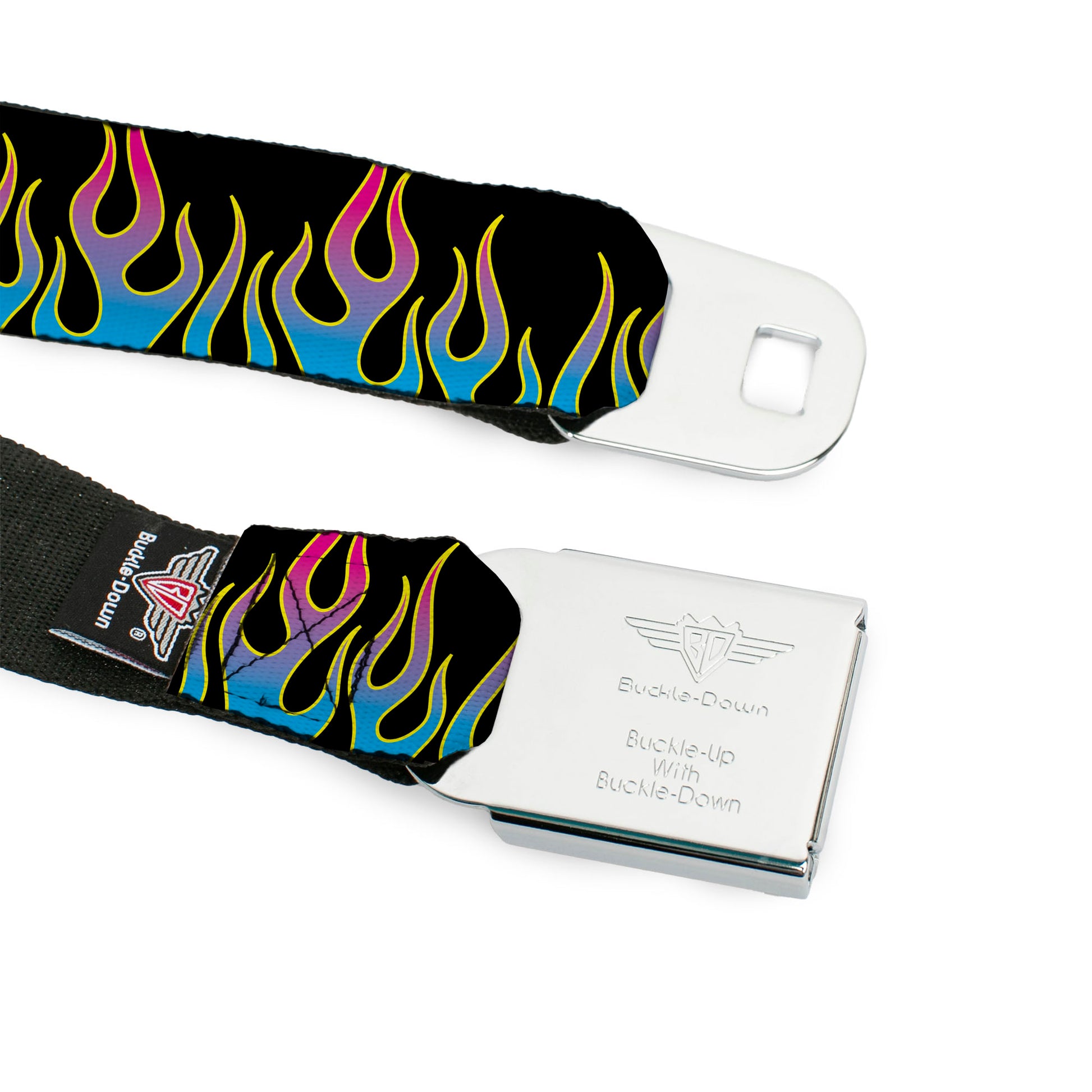 BD Wings Logo CLOSE-UP Full Color Black Silver Seatbelt Belt - Flames Black/Blue/Pink Webbing Seatbelt Belts Buckle-Down