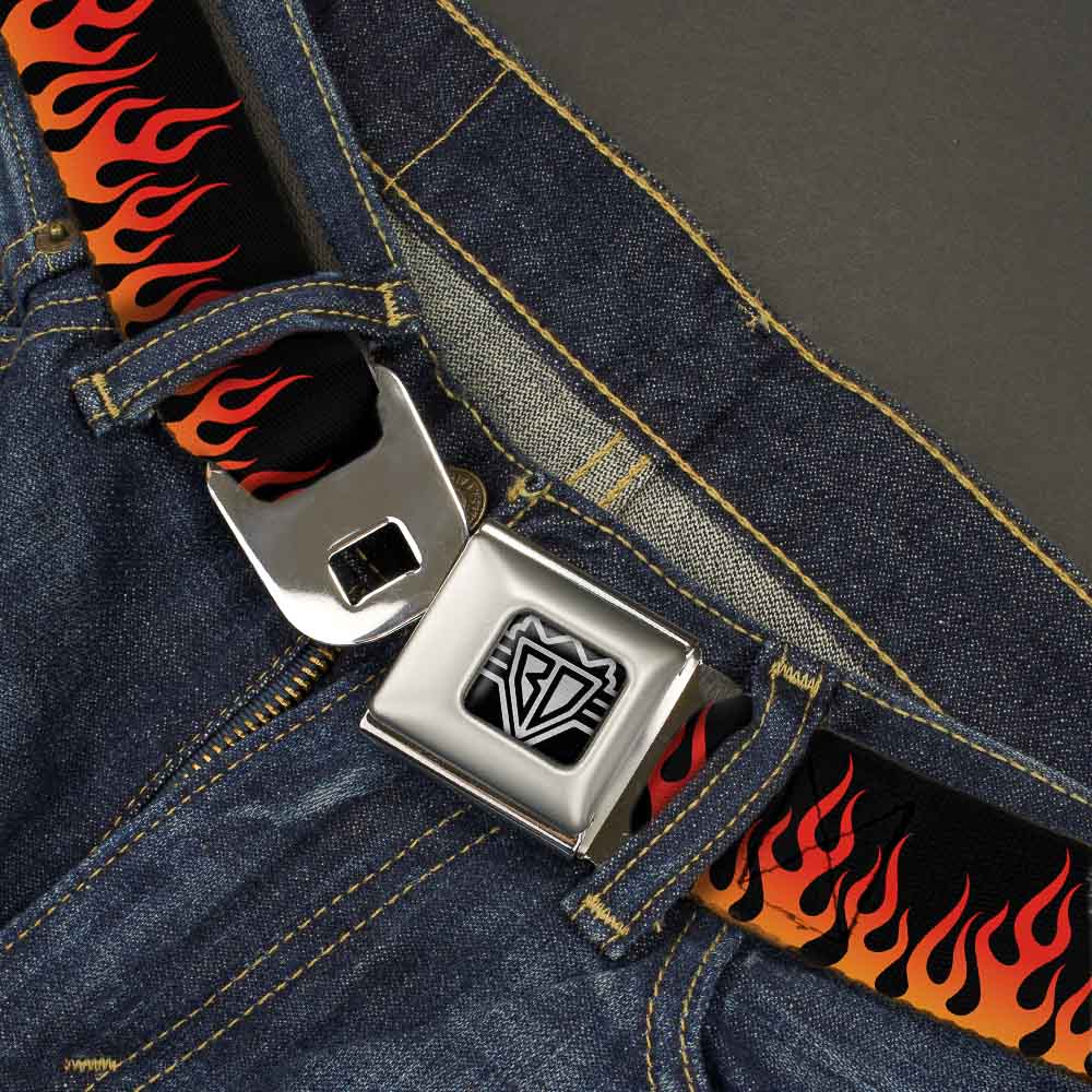 BD Wings Logo CLOSE-UP Full Color Black Silver Seatbelt Belt - Flames Black/Orange/Red Webbing Seatbelt Belts Buckle-Down