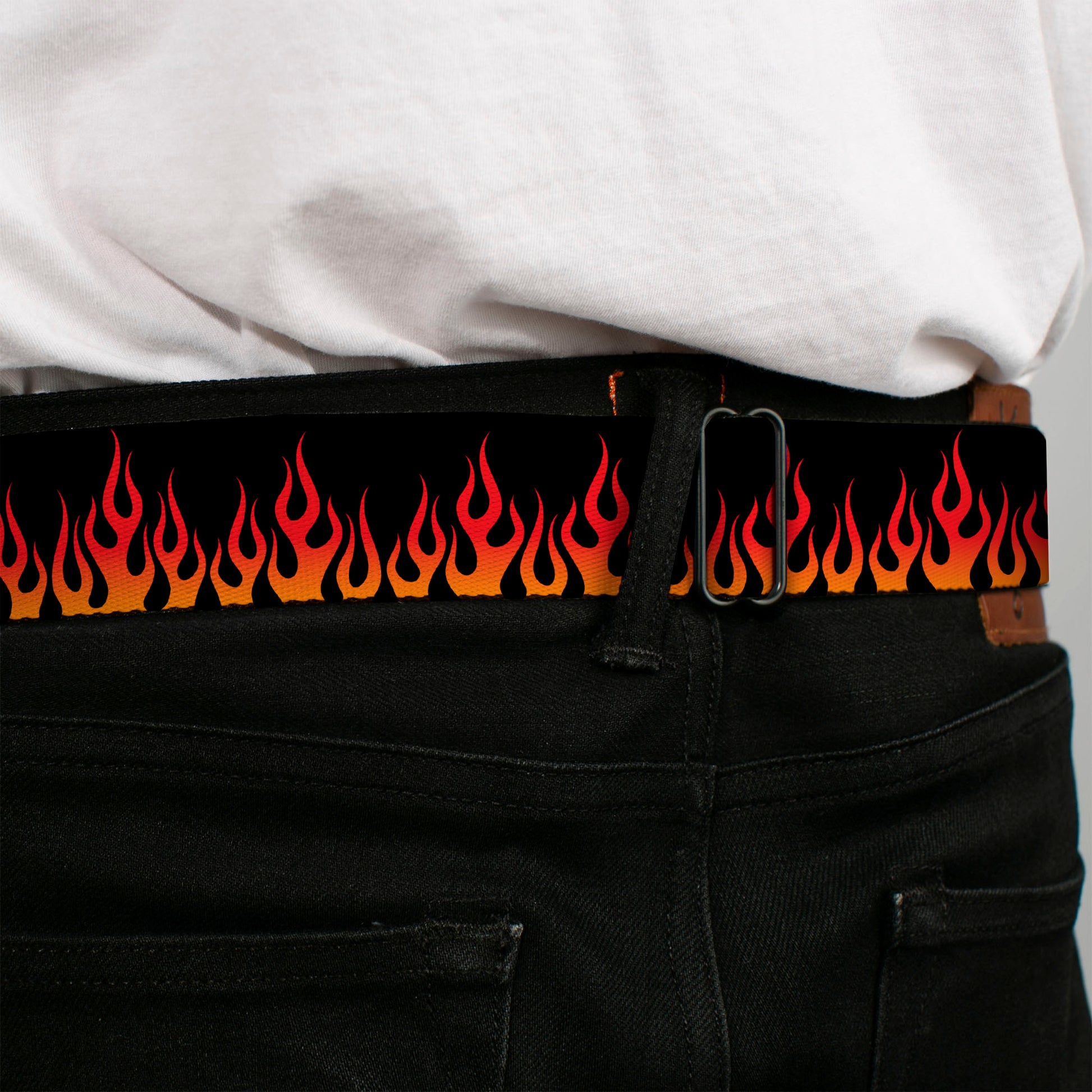 BD Wings Logo CLOSE-UP Full Color Black Silver Seatbelt Belt - Flames Black/Orange/Red Webbing Seatbelt Belts Buckle-Down